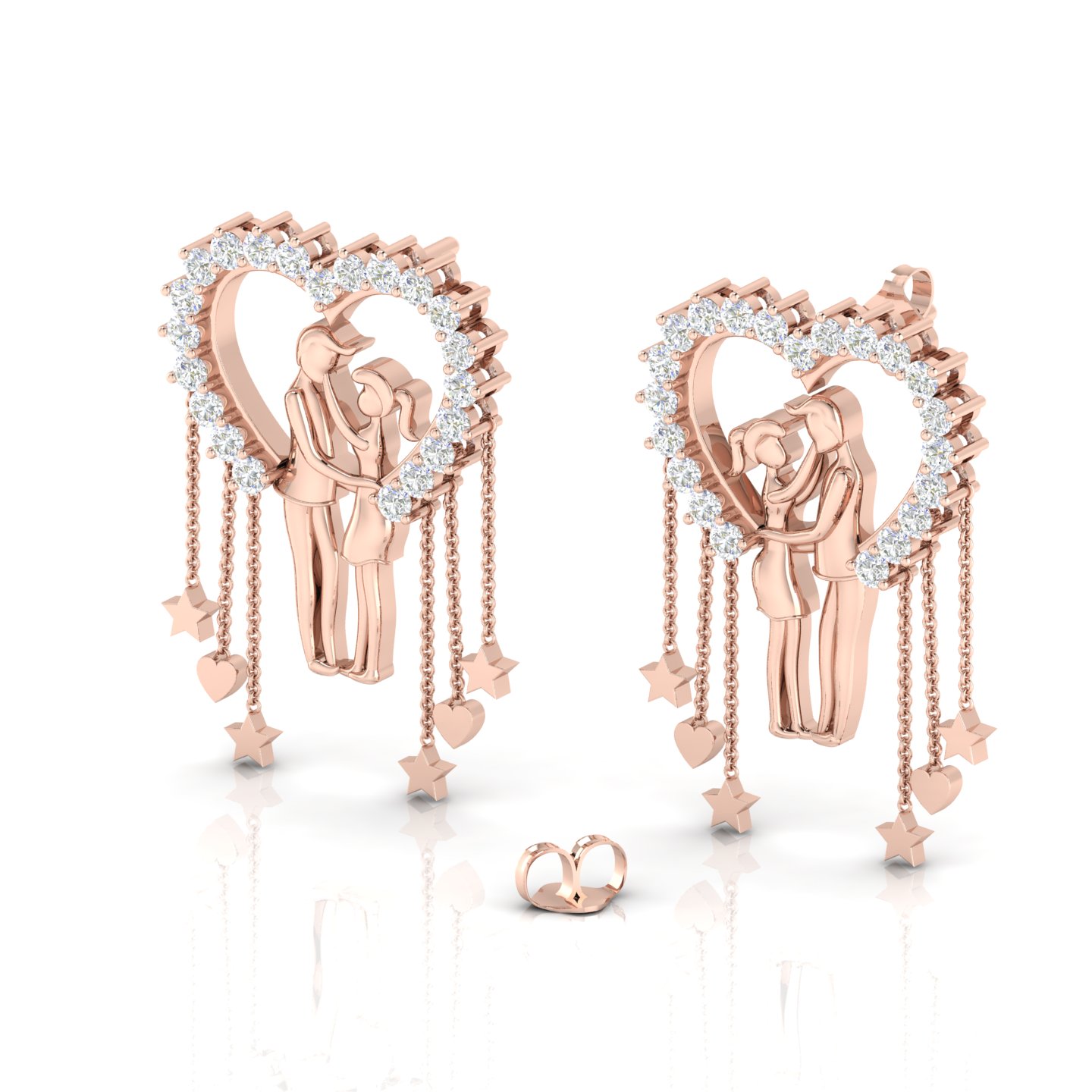 Diamond Couple Heart Rose Gold Filled Hanging Earrings