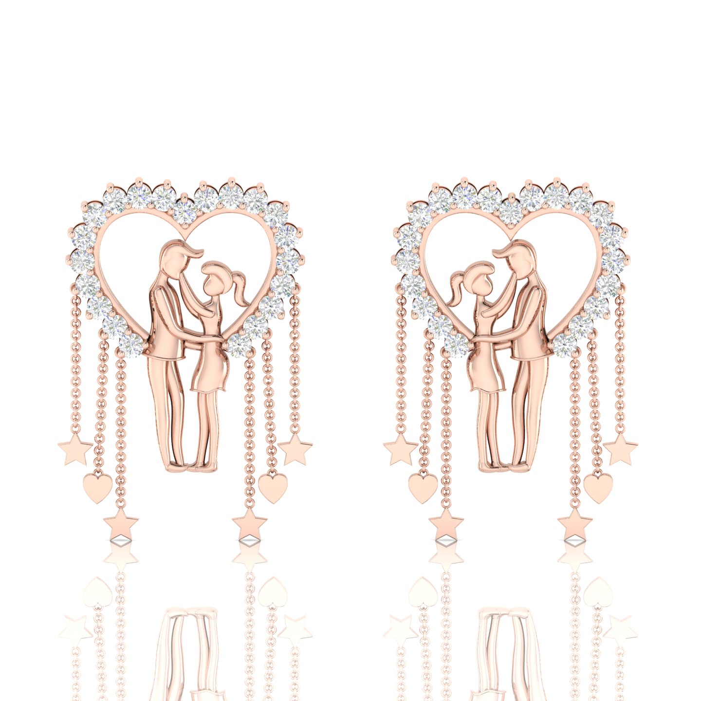 Diamond Couple Heart Rose Gold Filled Hanging Earrings