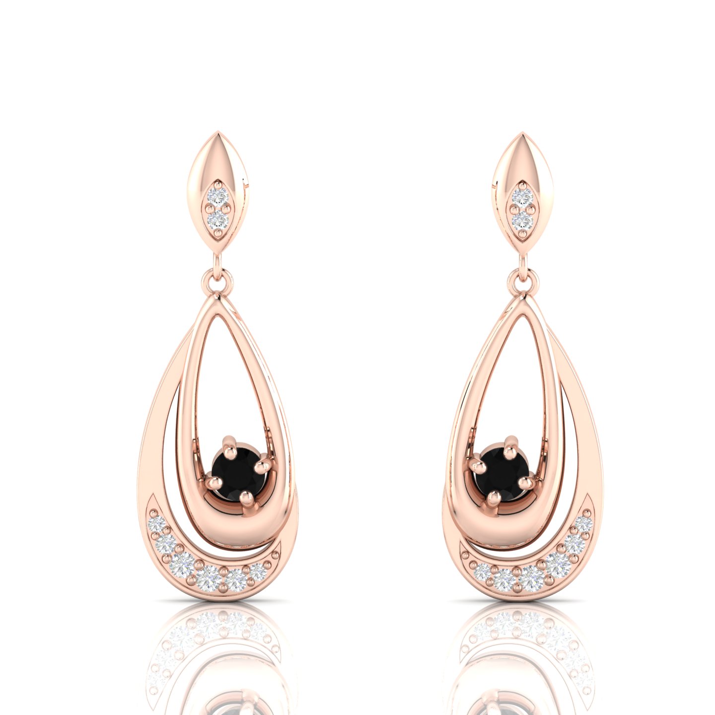 Rose Gold Filled  Round Black Diamond Dangle Drop Earrings