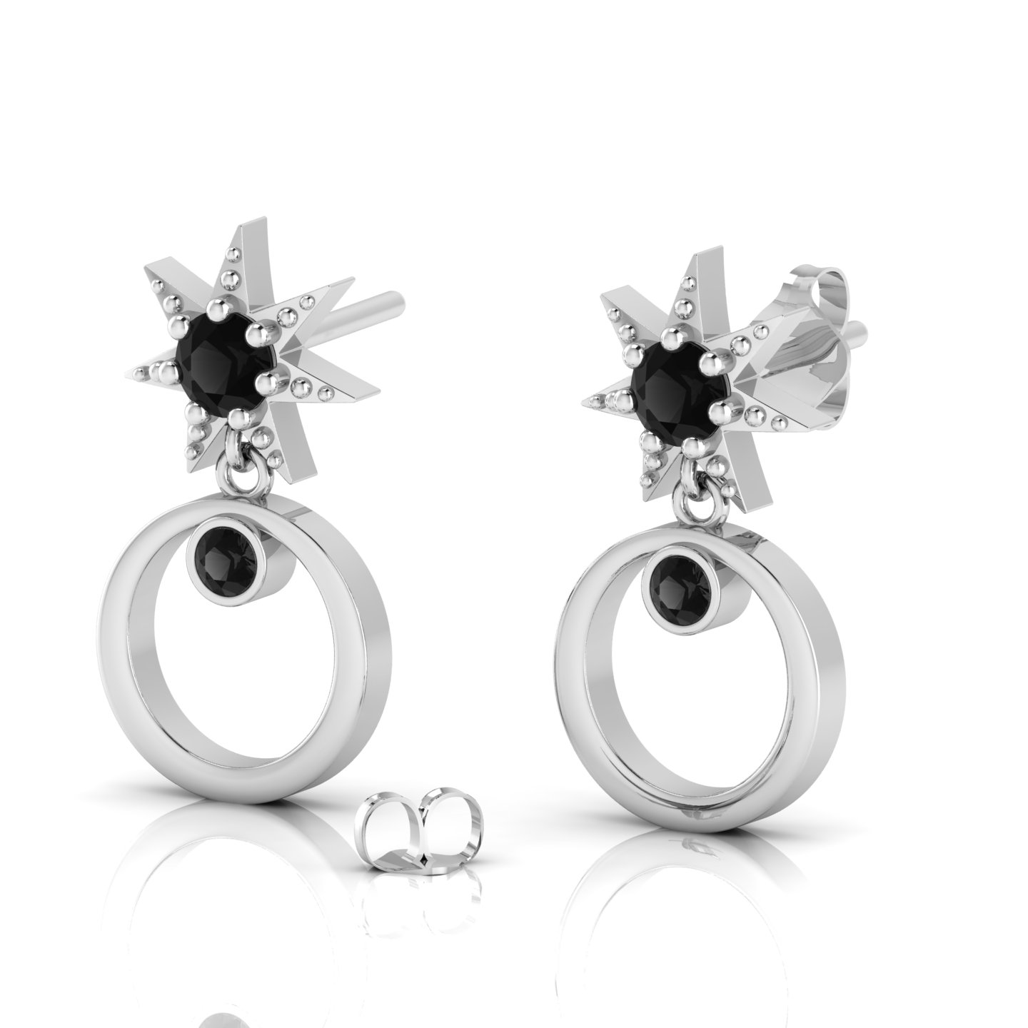 Black Diamond Star Open Circle Drop Sterling Silver Earrings