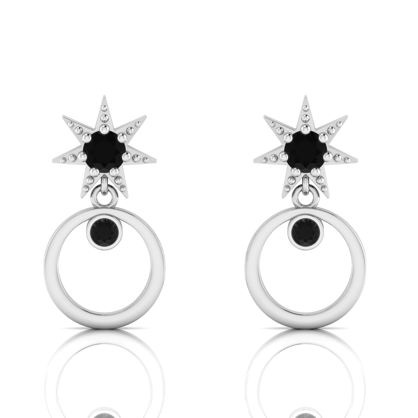 Black Diamond Star Open Circle Drop Sterling Silver Earrings