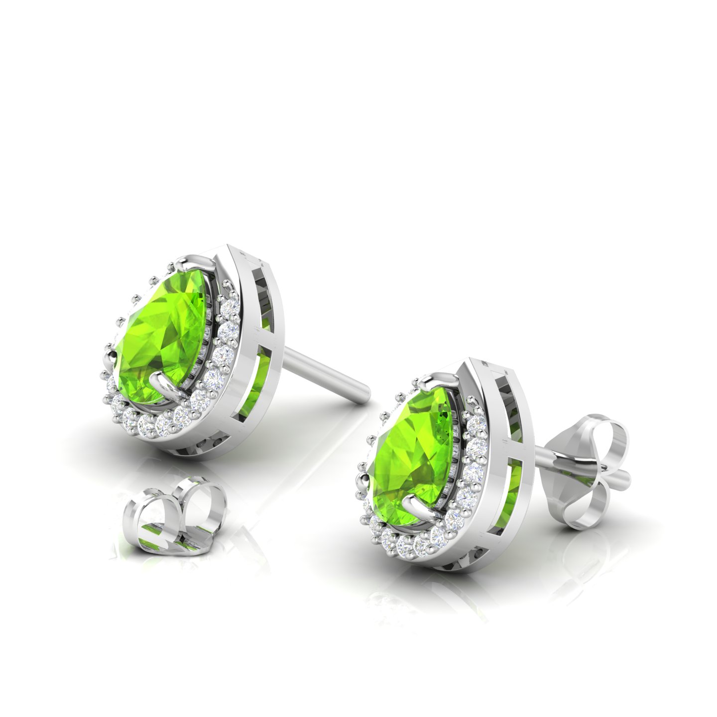Pear-Cut Peridot & Diamond Halo Stud Sterling Silver Earrings