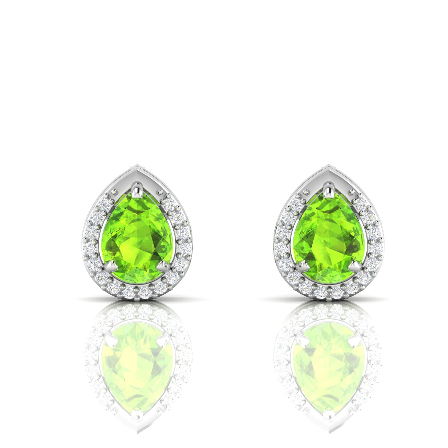Pear-Cut Peridot & Diamond Halo Stud Sterling Silver Earrings