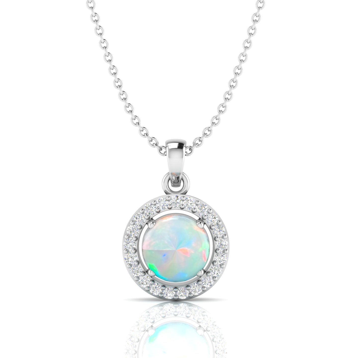 Round Solitaire Halo Opal Sterling Silver Pendant