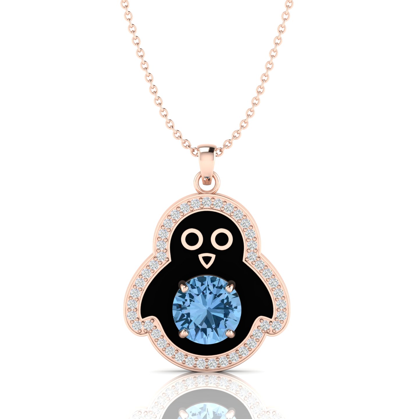 Aquamarine Rose Gold Filled Black Enamel Penguin Pendant