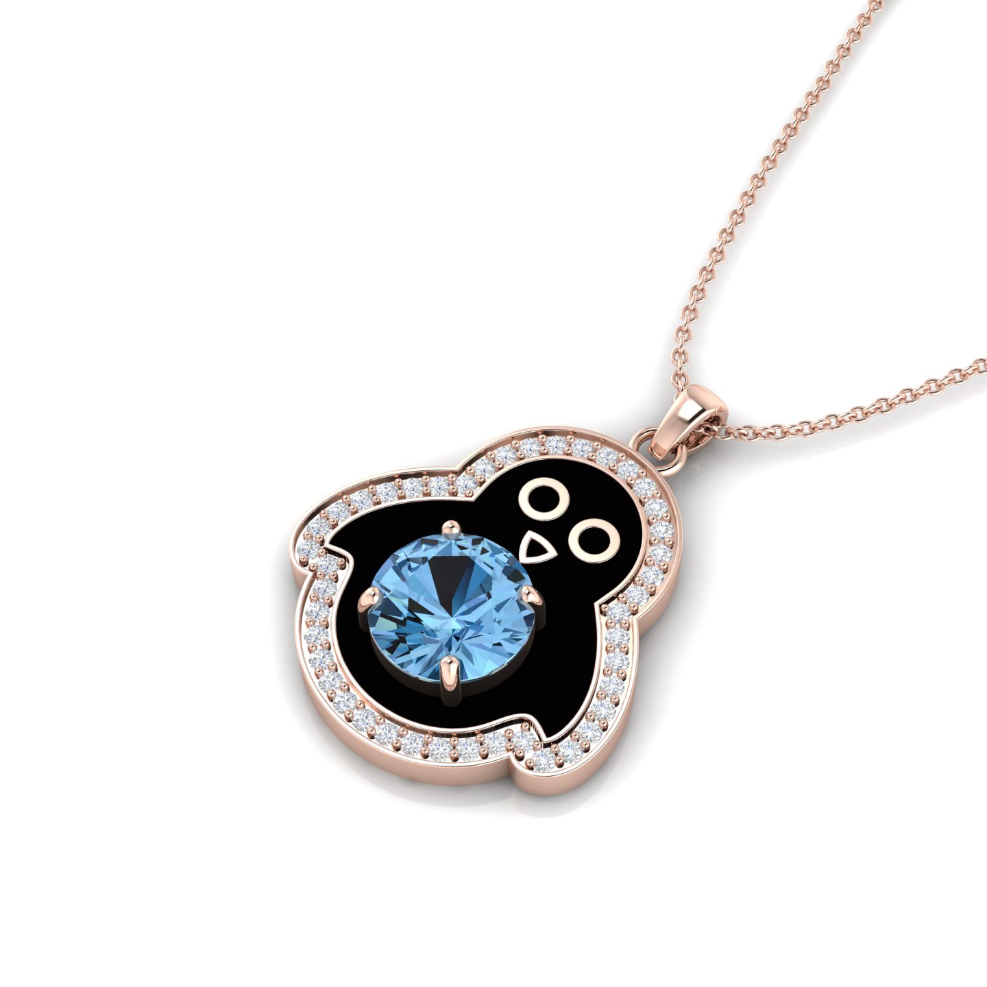 Aquamarine Rose Gold Filled Black Enamel Penguin Pendant