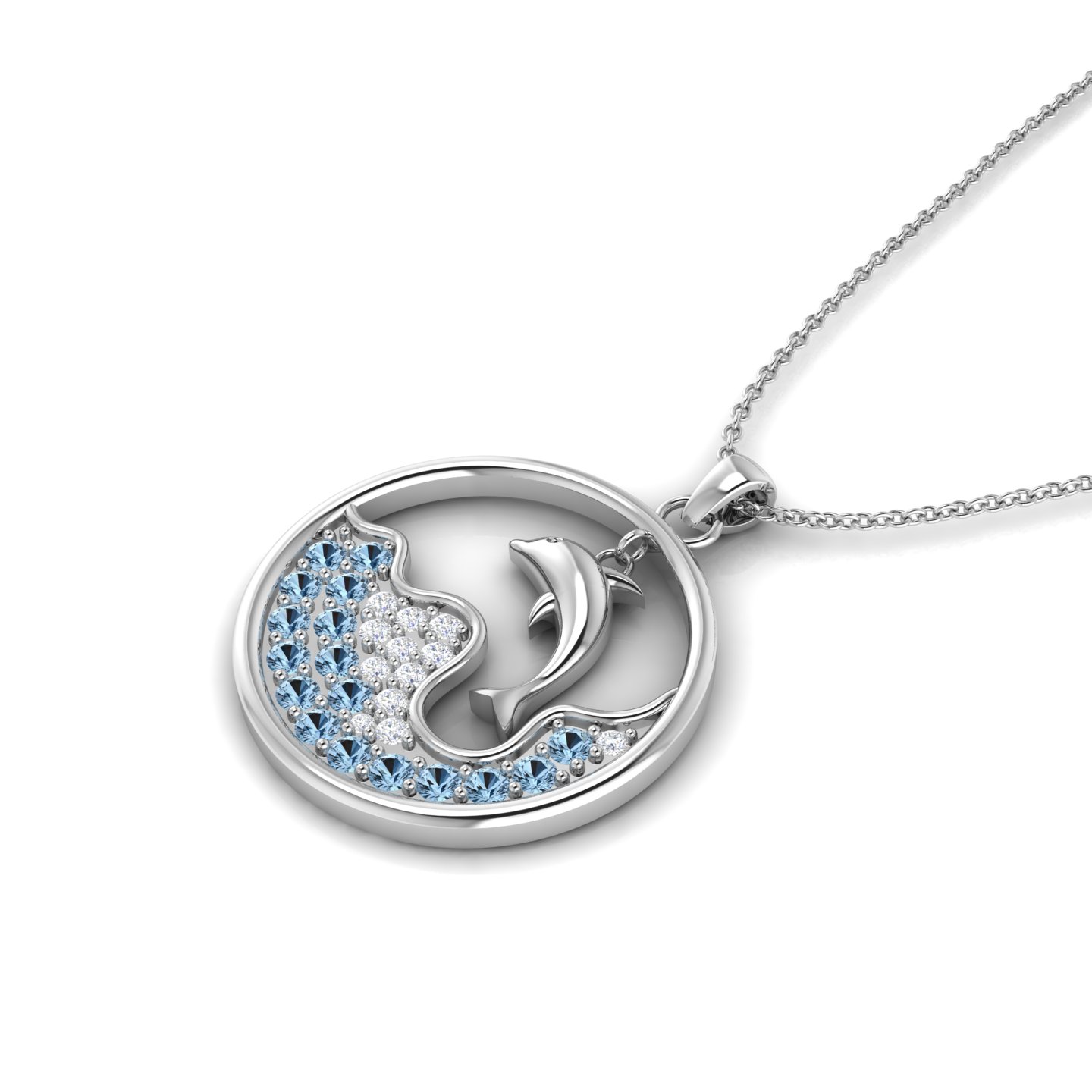 Aquamarine Dolphin Wave Sterling Silver Pendant