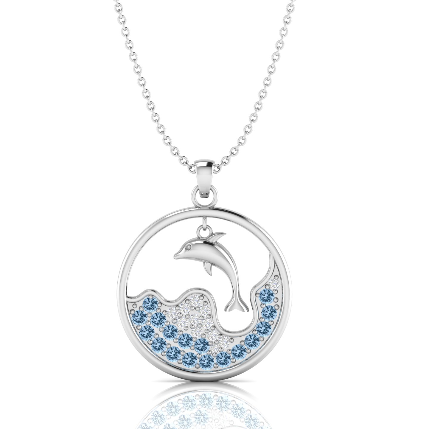 Aquamarine Dolphin Wave Sterling Silver Pendant