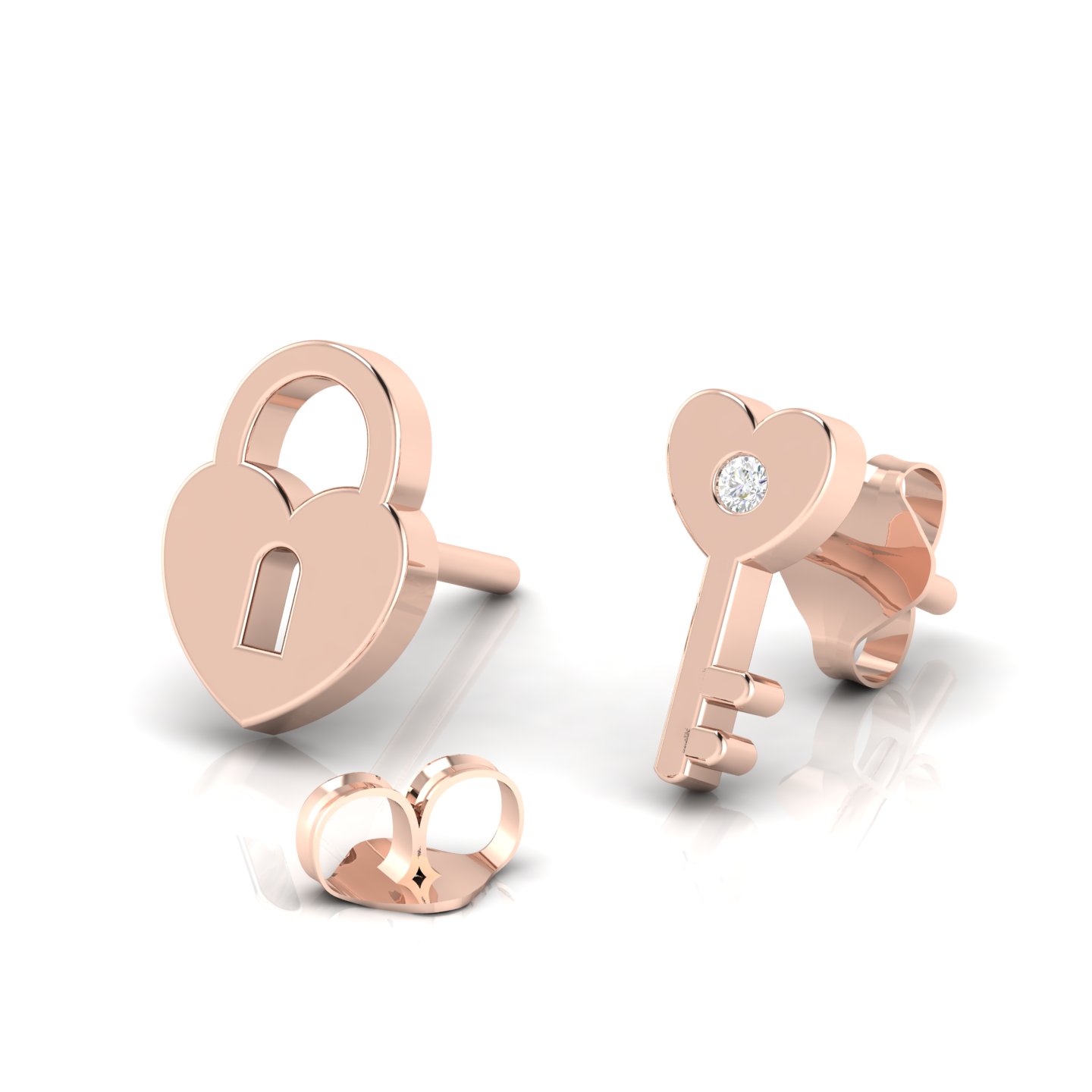 Diamond Studs Rose Gold Filled Heart Style Lock & Key Earrings