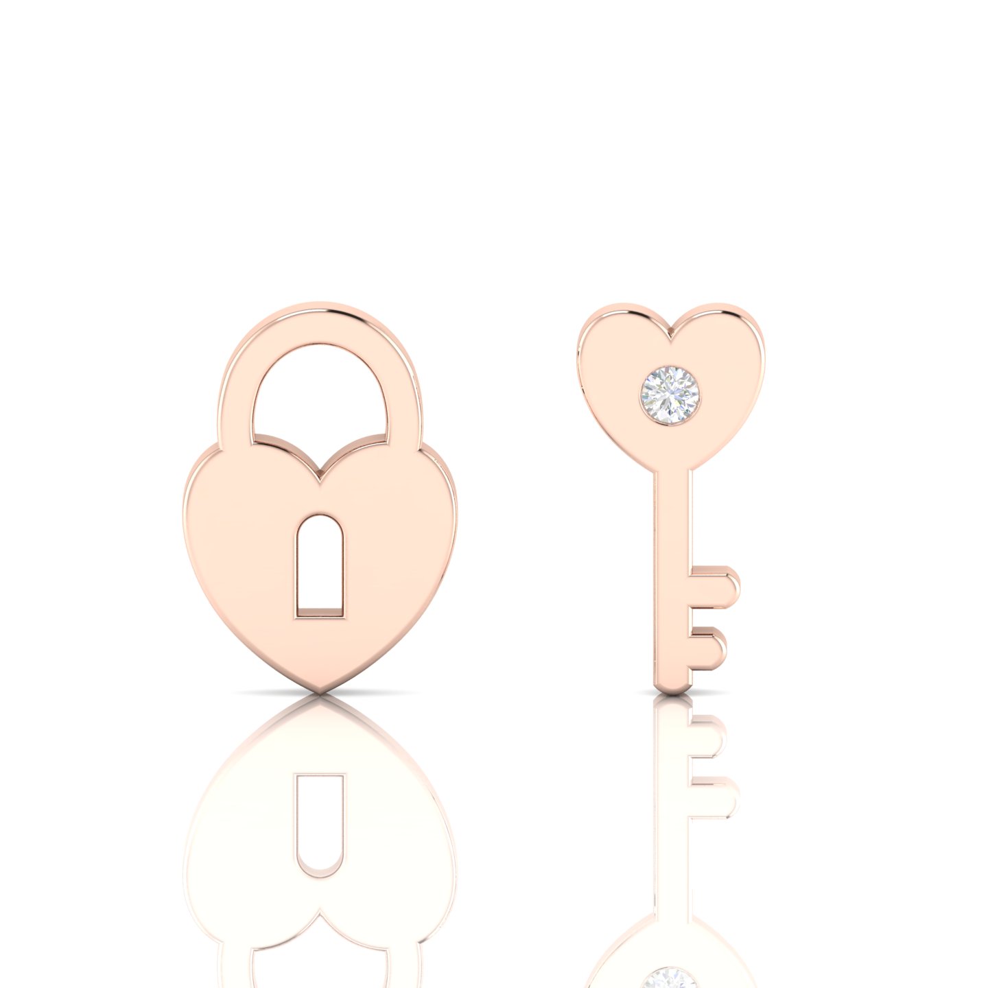 Diamond Studs Rose Gold Filled Heart Style Lock & Key Earrings