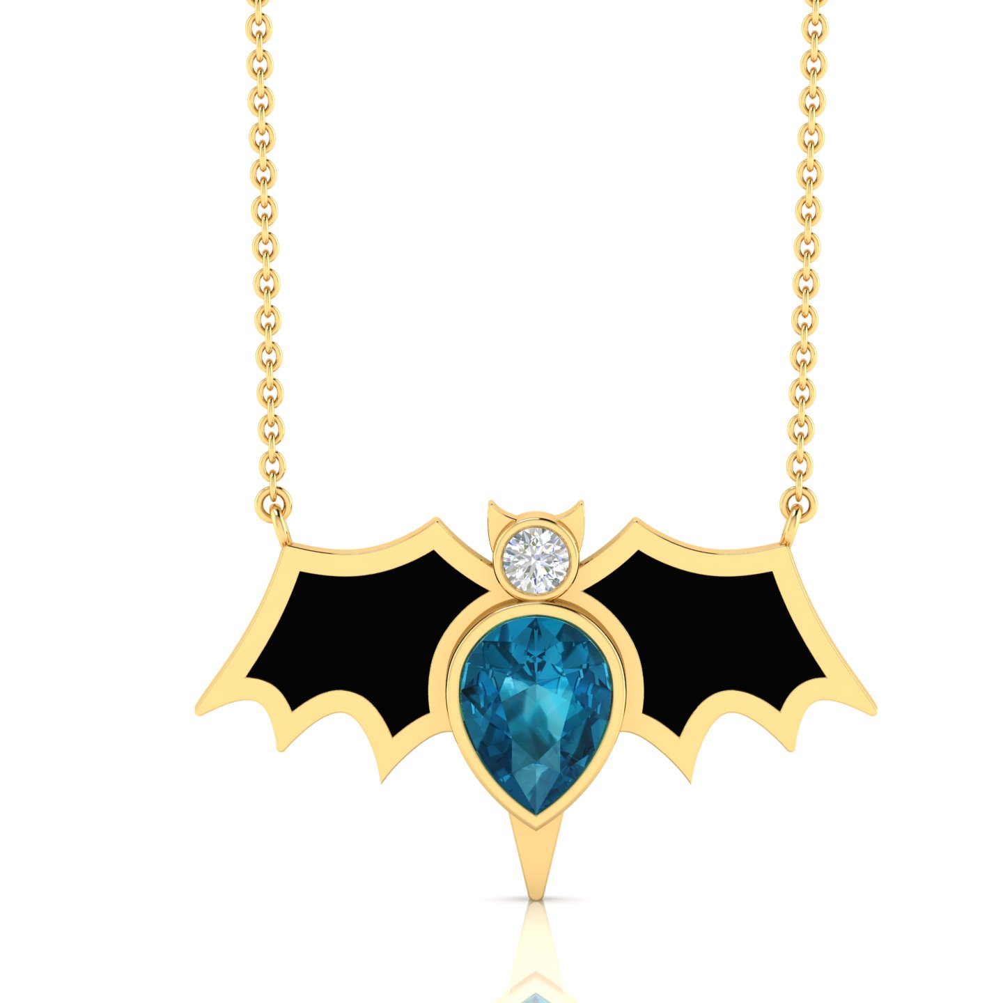Pear Blue Diamond Gold Filled Black Enamel Bat Necklace