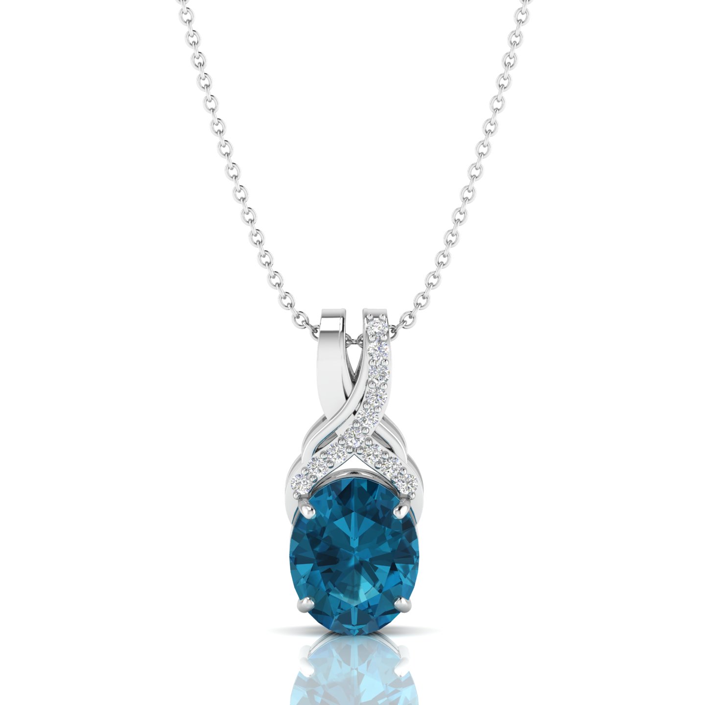 Oval Blue Diamond Twisted Bail Solitaire Sterling Silver Charm Pendant