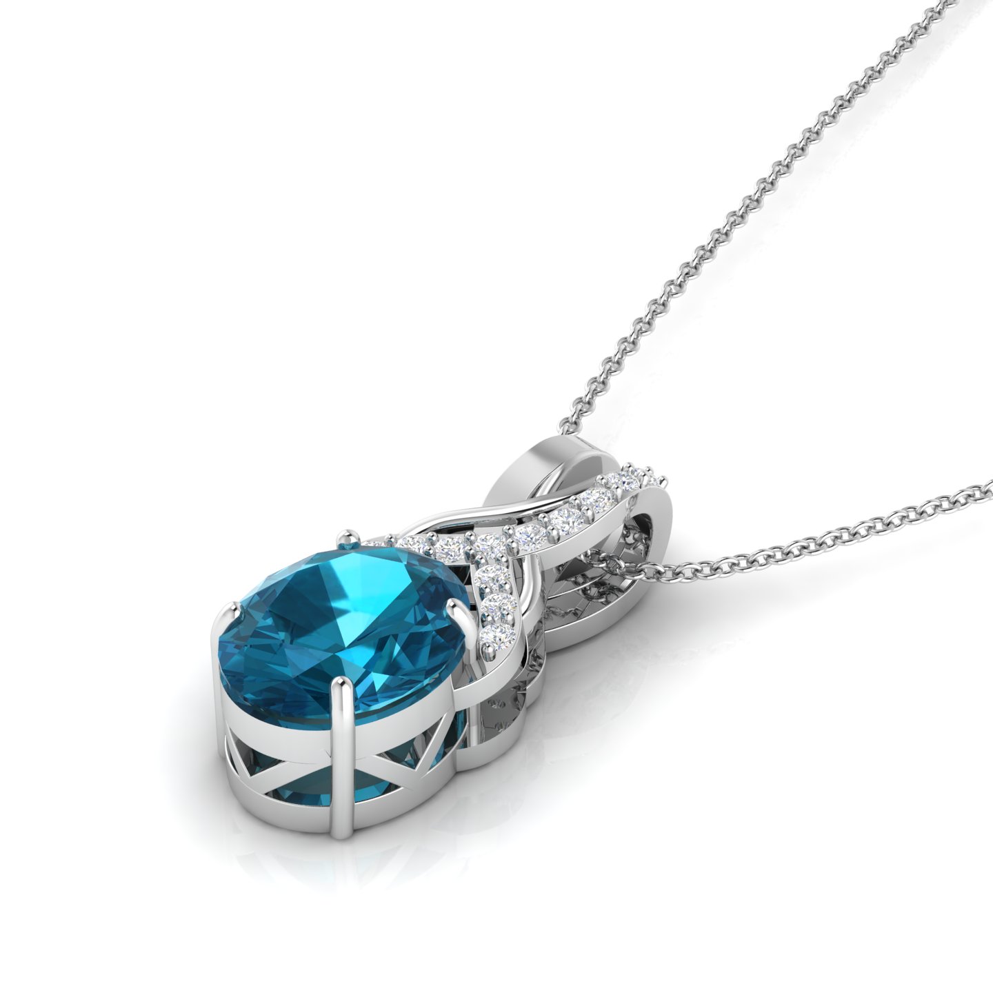Oval Blue Diamond Twisted Bail Solitaire Sterling Silver Charm Pendant