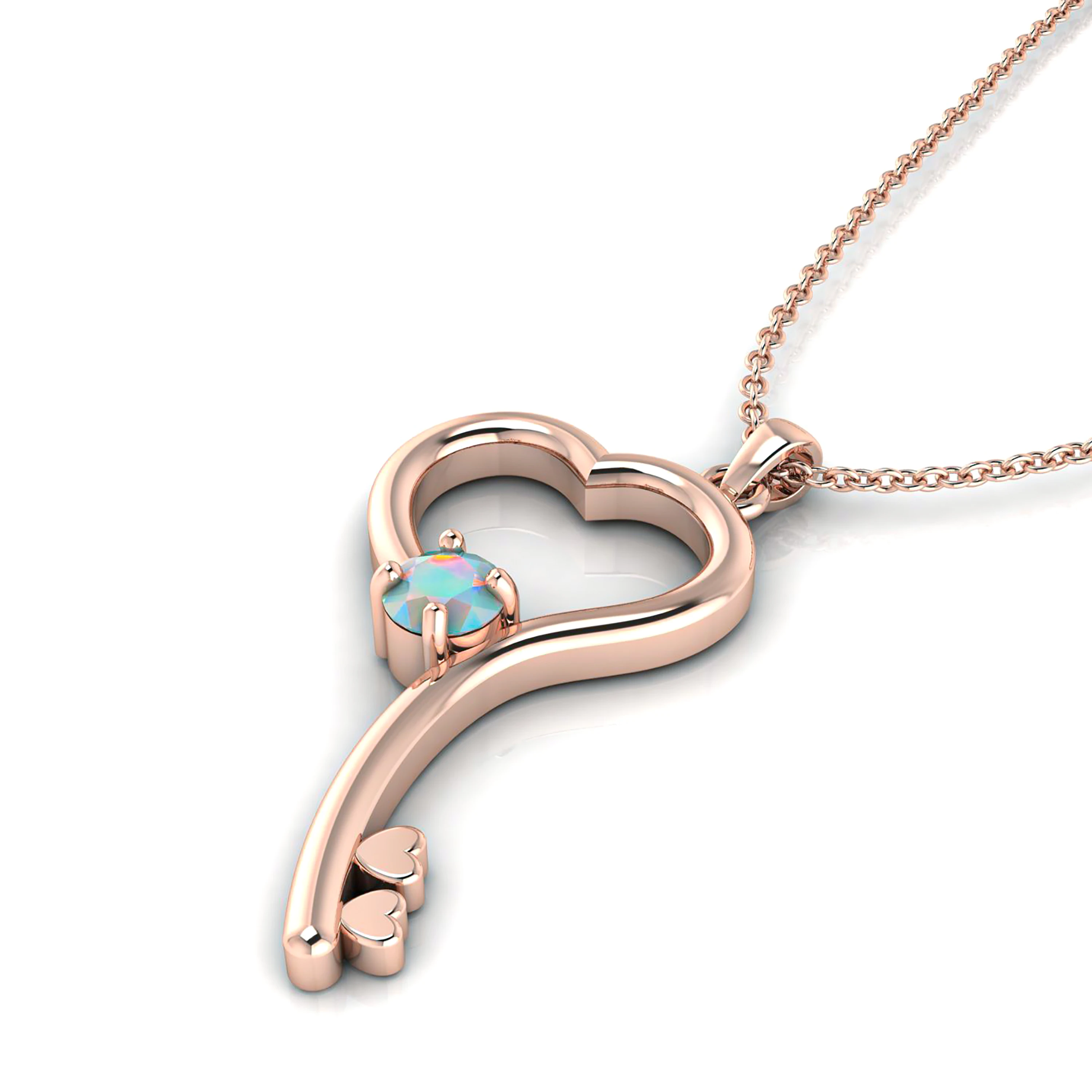 Rose Gold Plated White Opal Heart Key Style Pendant