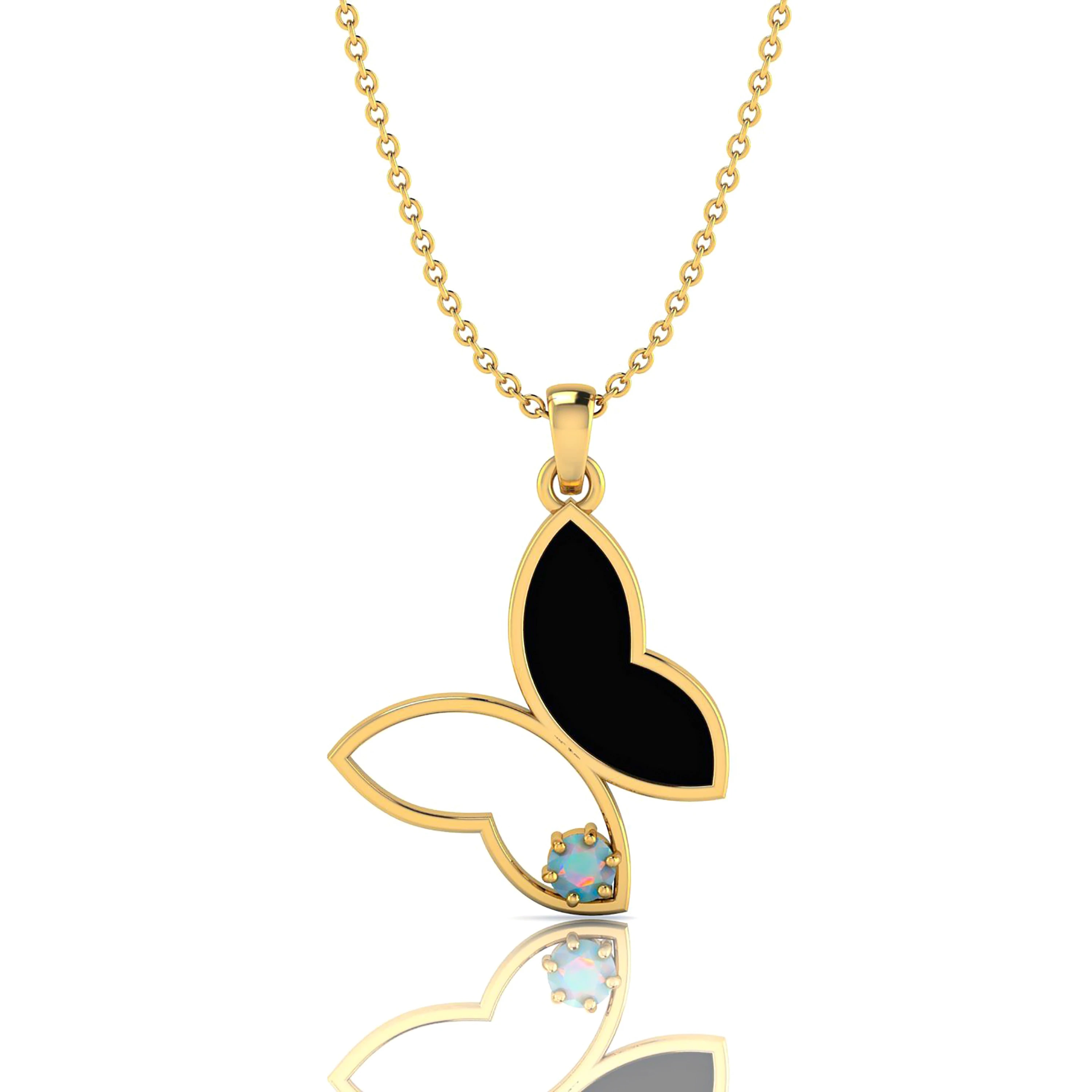 Gold Plated Butterfly Style White Opal Charm Black Enamel Pendant