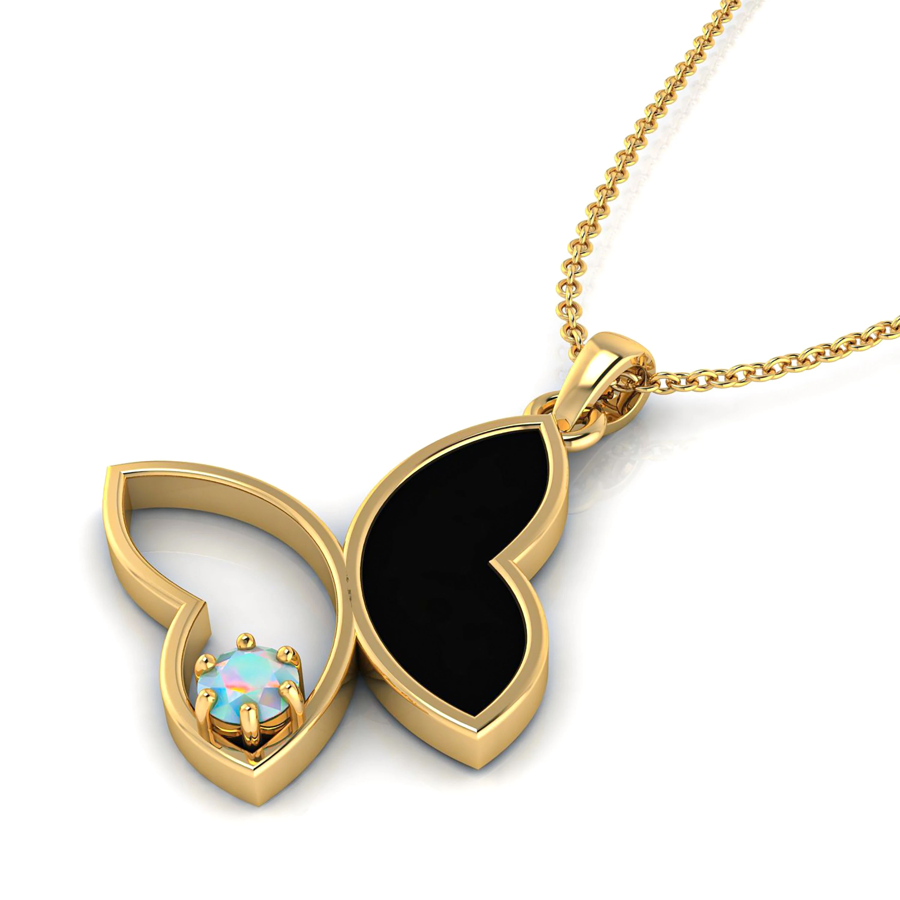 Gold Plated Butterfly Style White Opal Charm Black Enamel Pendant