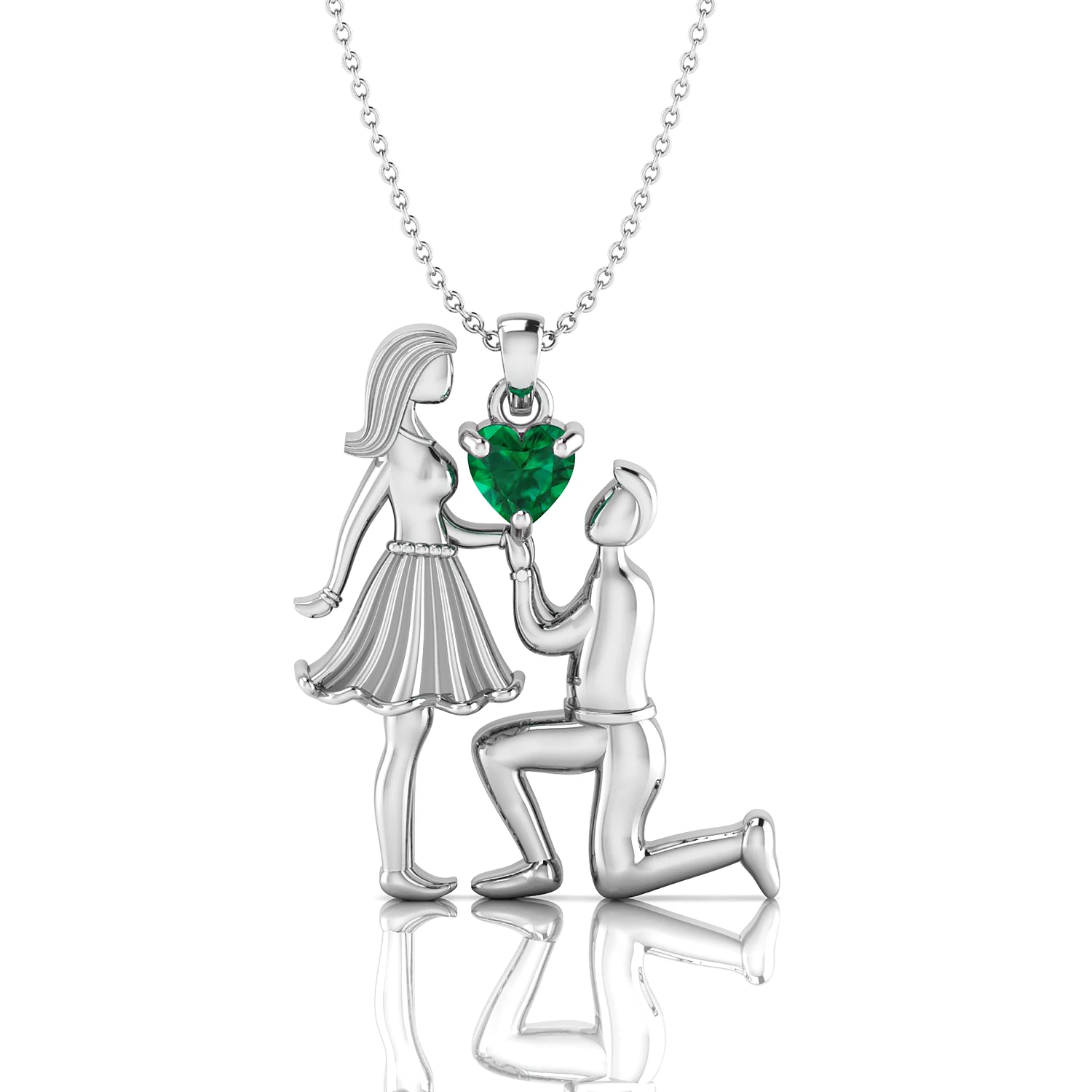 925 Silver Heart-Cut Emerald Proposal Style Couple Pendant