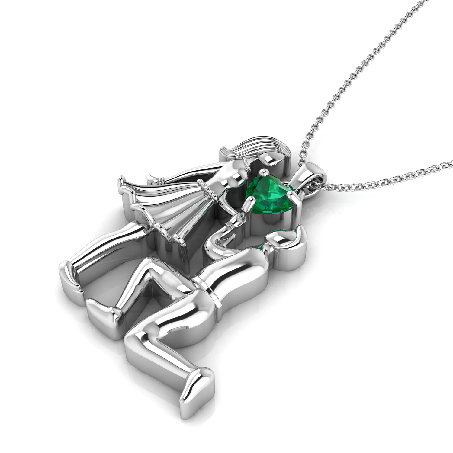 925 Silver Heart-Cut Emerald Proposal Style Couple Pendant