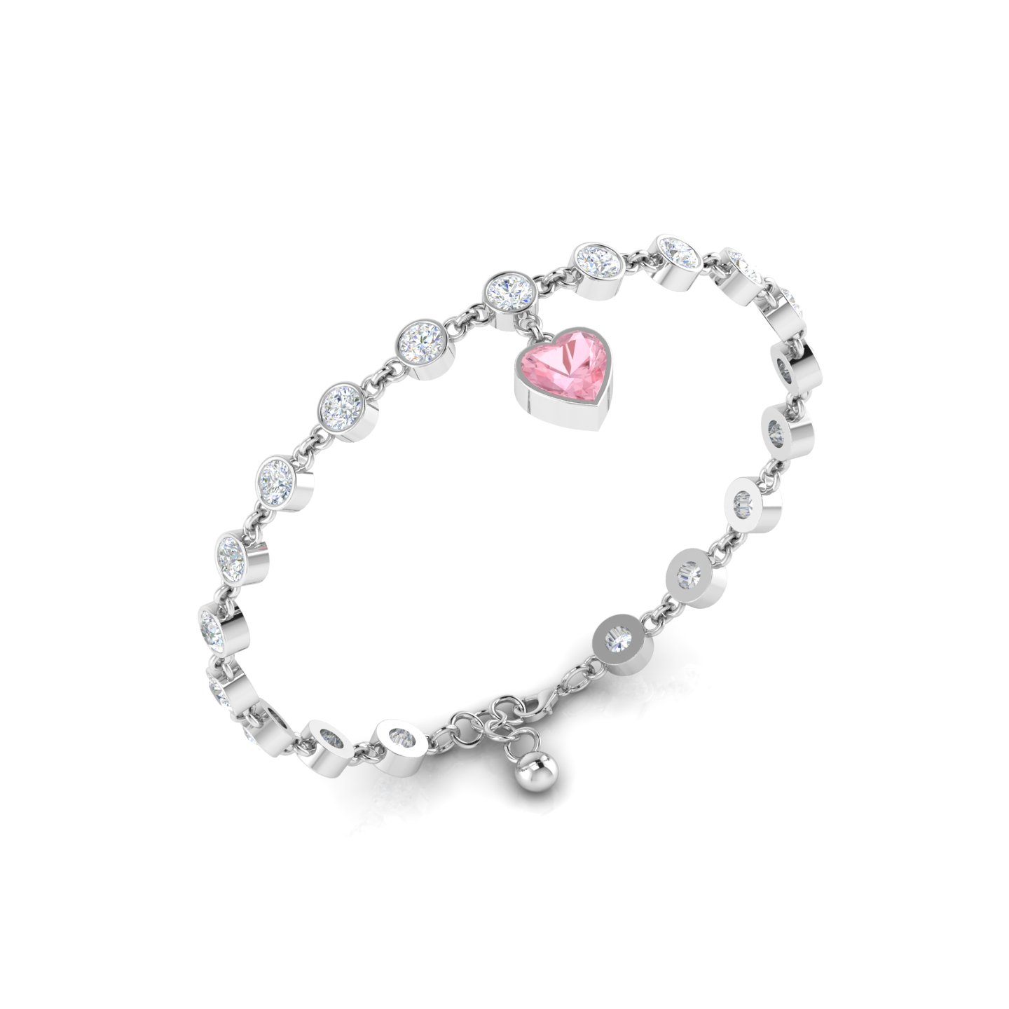 Morganite Heart Charm Diamond Tennis 925 Silver Bracelet