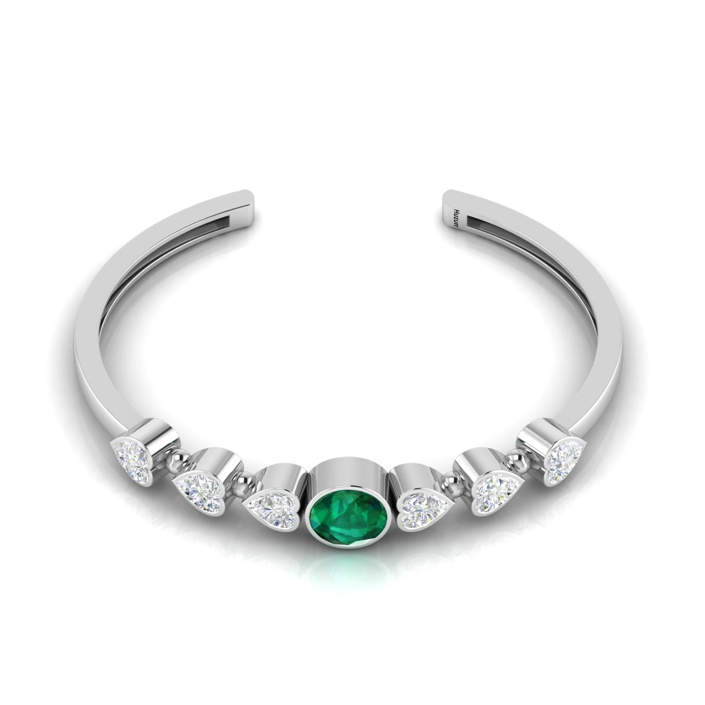 Round Emerald & Heart Diamond Cuff Sterling Silver Bracelet