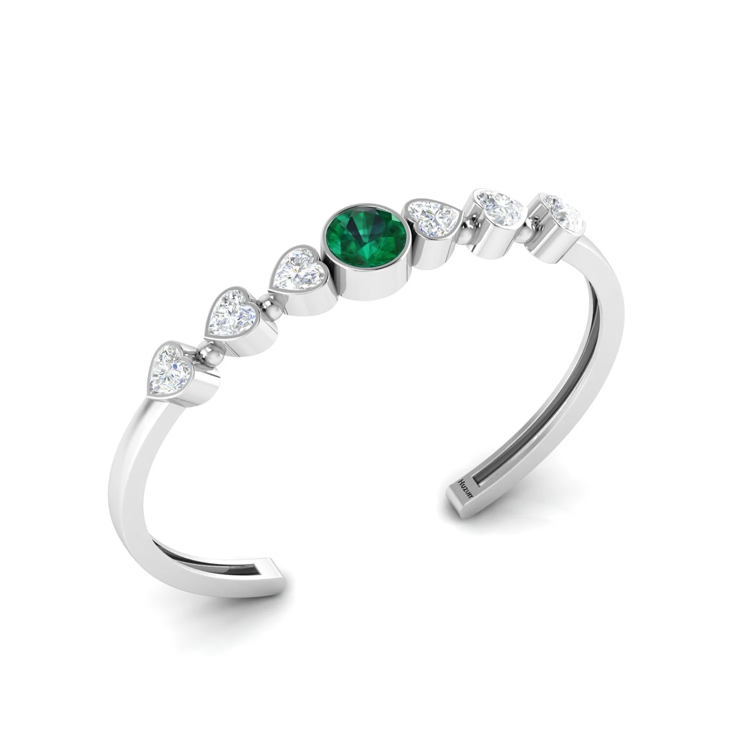 Round Emerald & Heart Diamond Cuff Sterling Silver Bracelet
