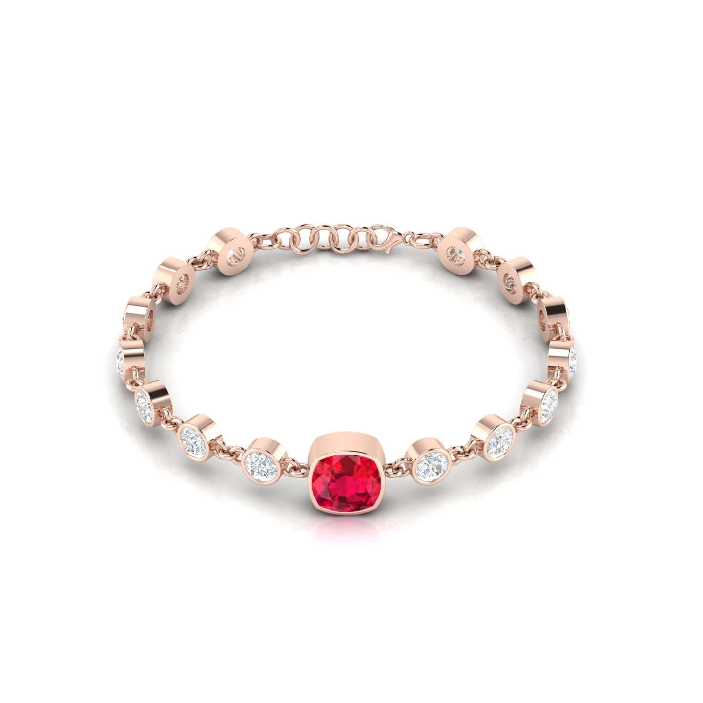 Rose Gold Filled Cushion Square Ruby & Diamond Yard Chain Bracelet