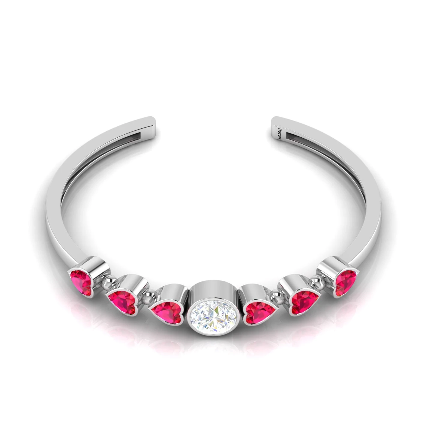 Sterling Silver Round Diamond & Heart Ruby Cuff Bracelet