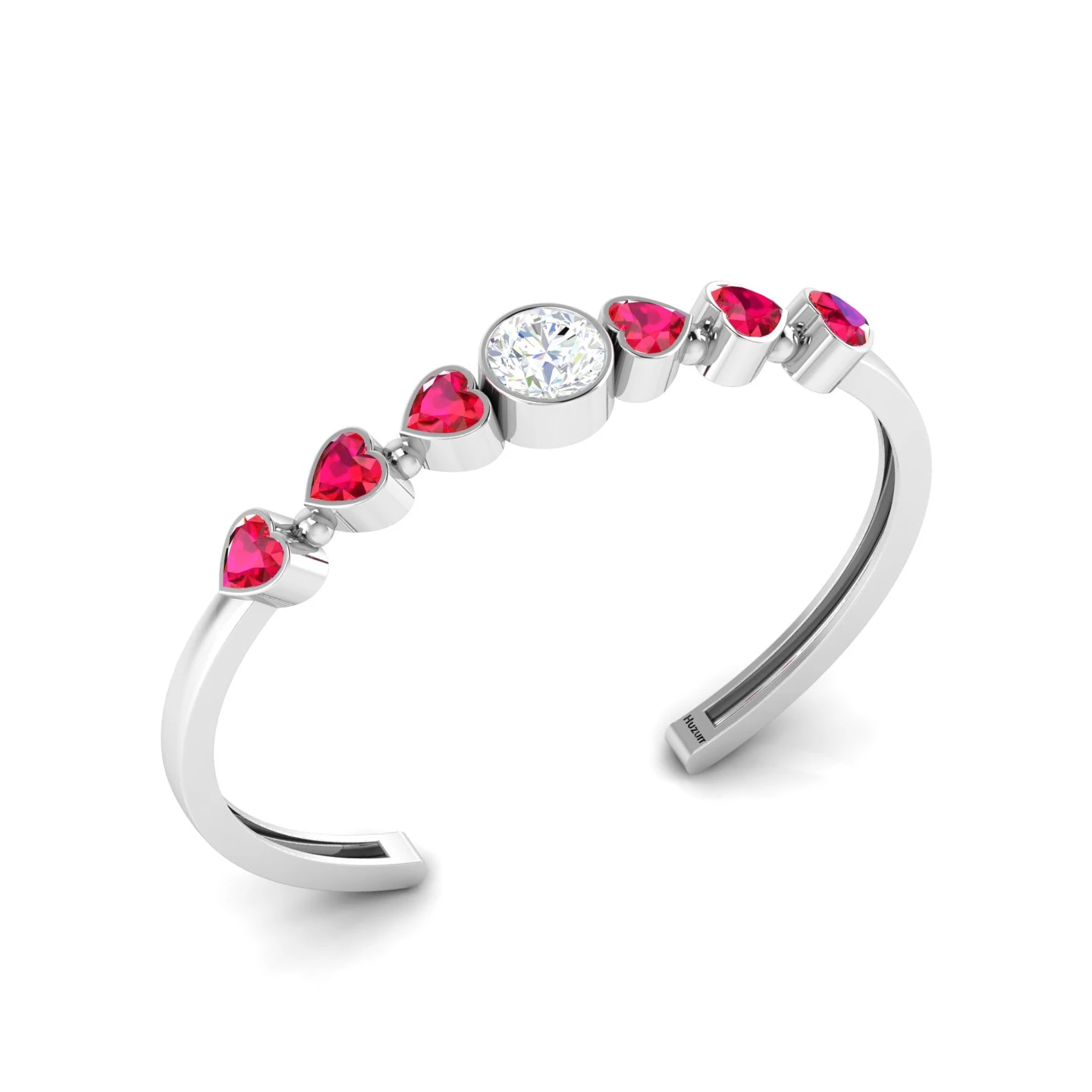Sterling Silver Round Diamond & Heart Ruby Cuff Bracelet
