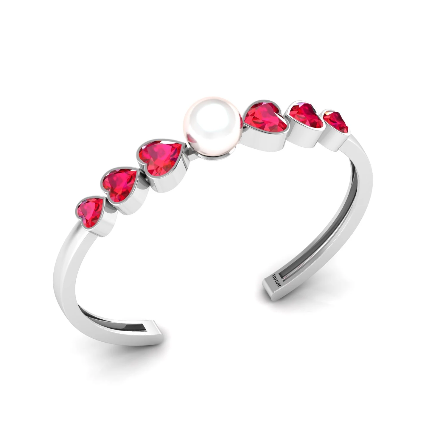 Freshwater Pearl & Heart-Cut Ruby Cuff Sterling Silver Bracelet