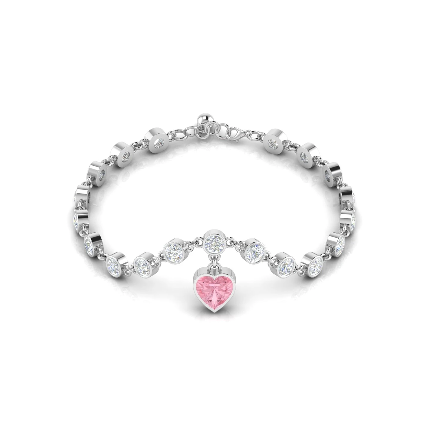Morganite Heart Charm Diamond Tennis 925 Silver Bracelet