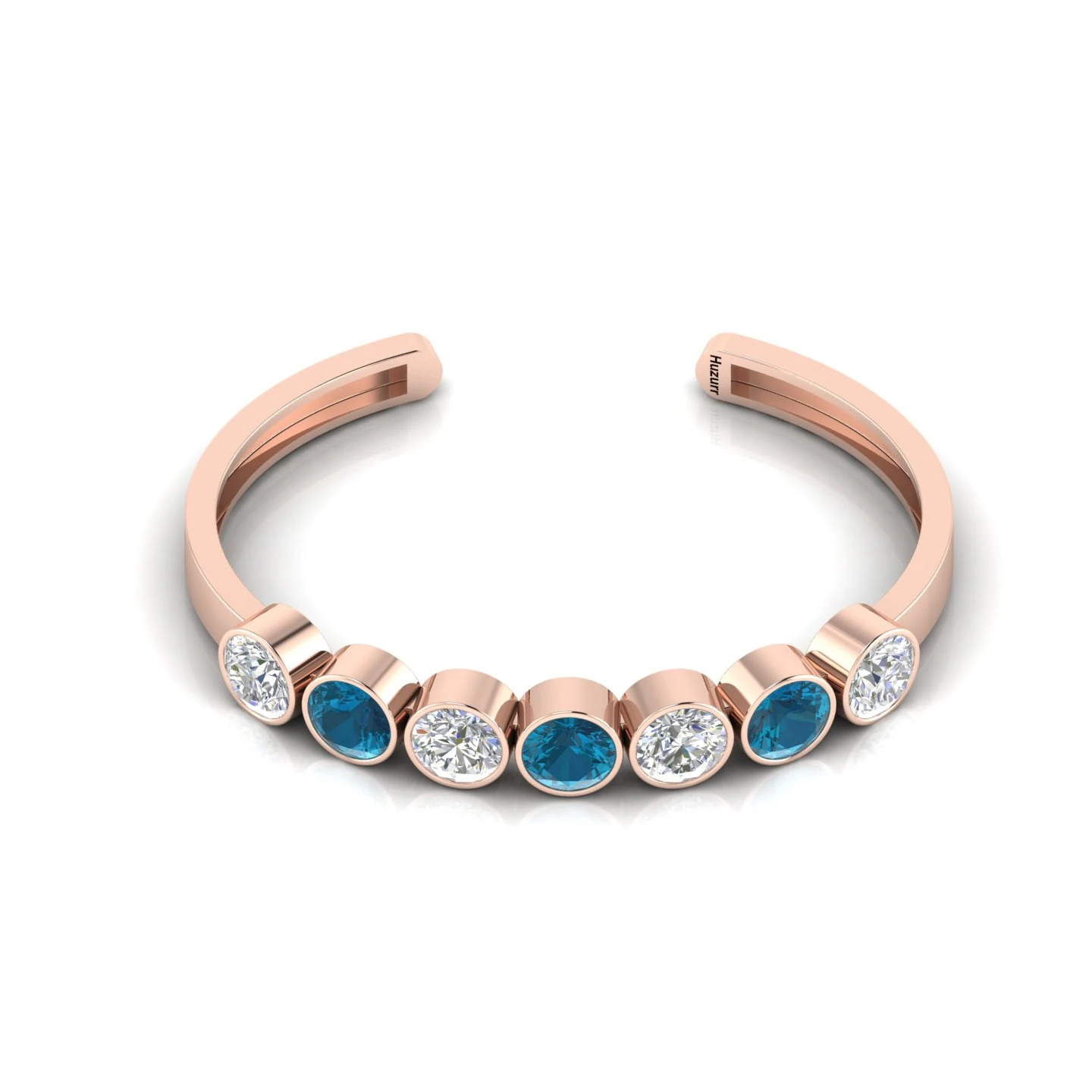 Rose Gold Filled Round Diamond & London Blue Topaz 7 Stone Cuff Bracelet