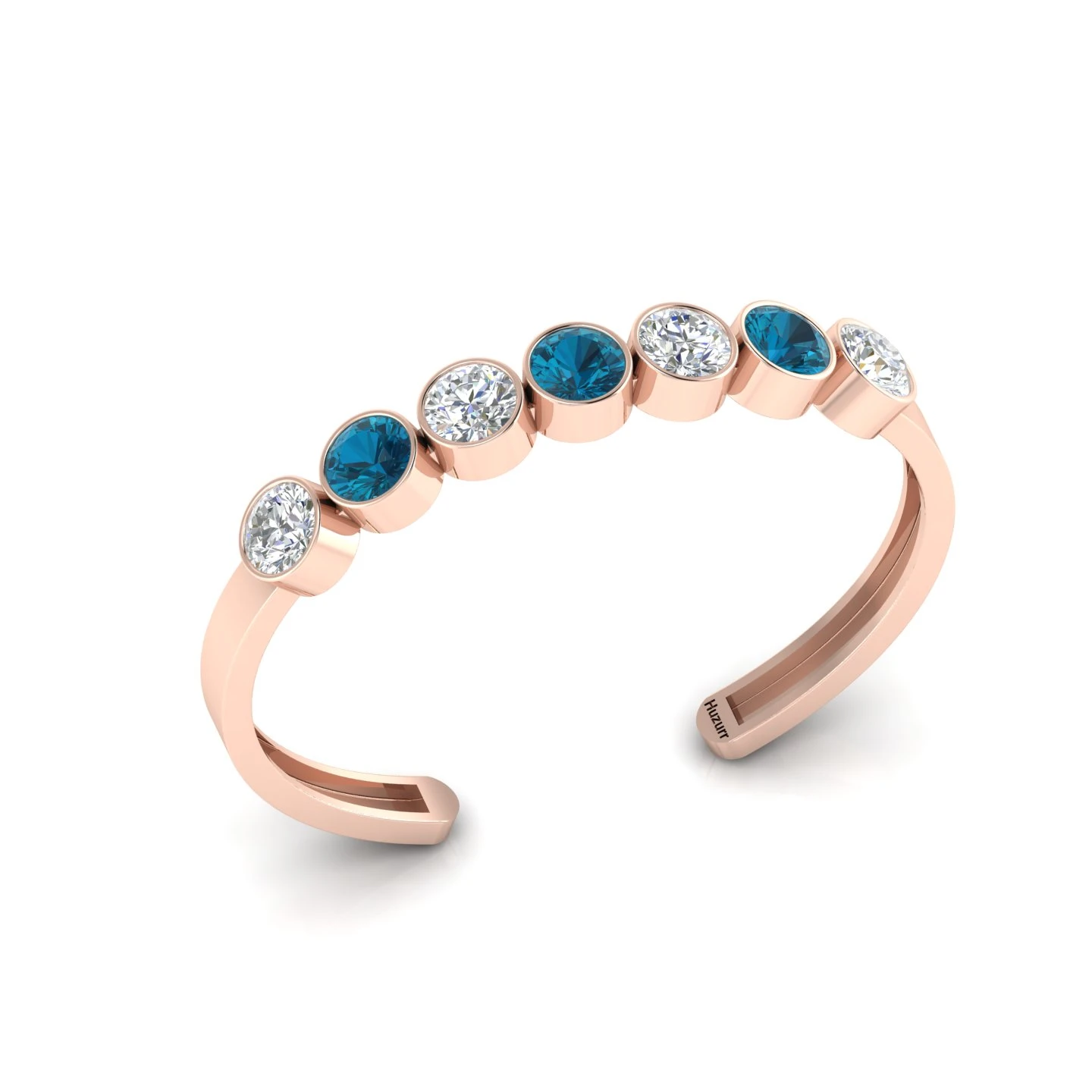 Rose Gold Filled Round Diamond & London Blue Topaz 7 Stone Cuff Bracelet
