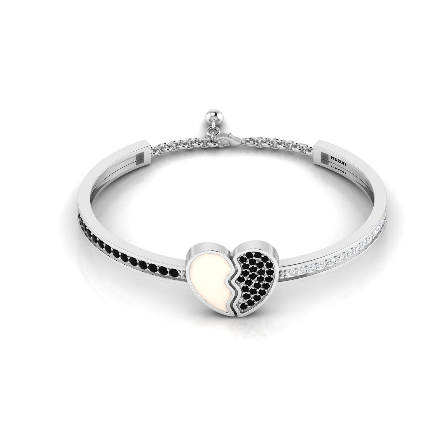 Broken Heart 925 Silver Black Diamond And White Enamel Bracelet