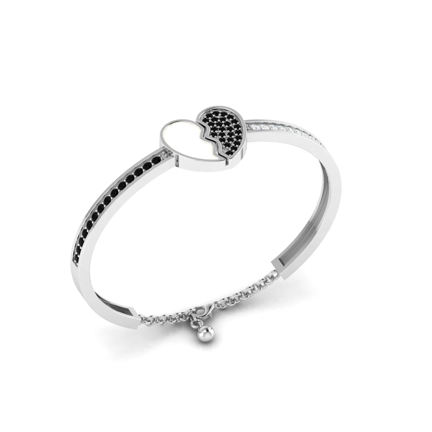 Broken Heart 925 Silver Black Diamond And White Enamel Bracelet