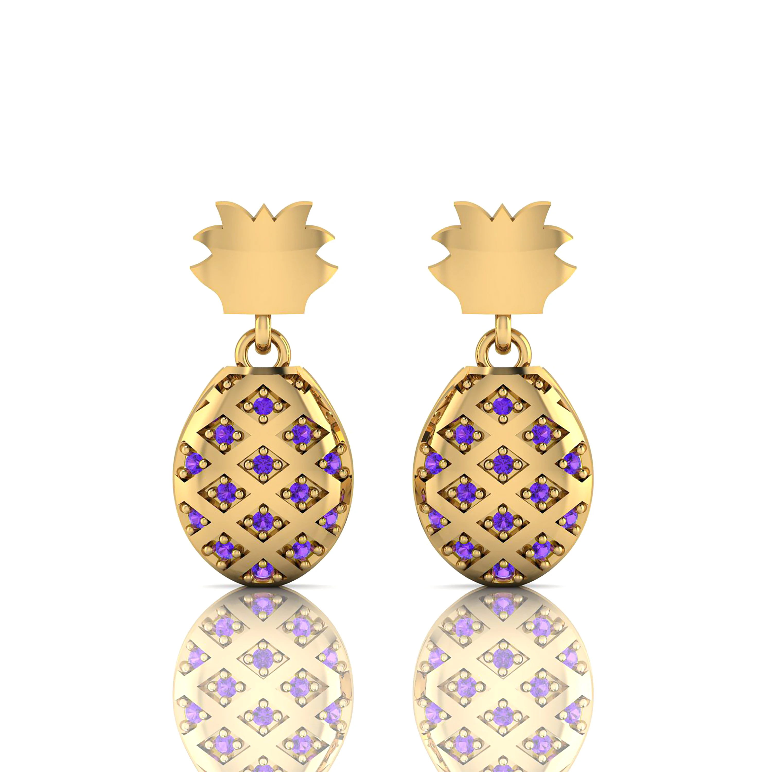 Amethyst Pineapple Style Gold Plated Studded Drop Earrings