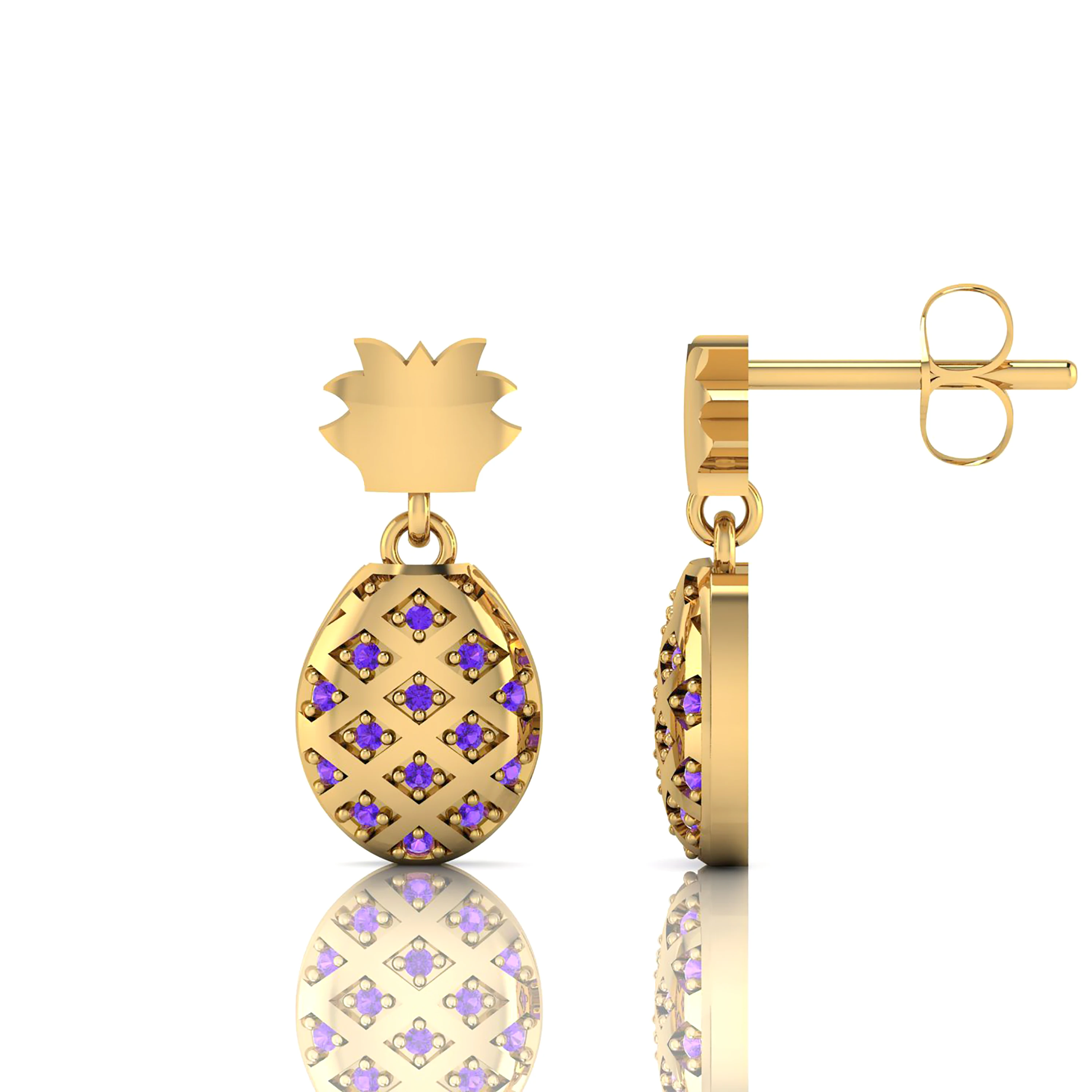 Amethyst Pineapple Style Gold Plated Studded Drop Earrings