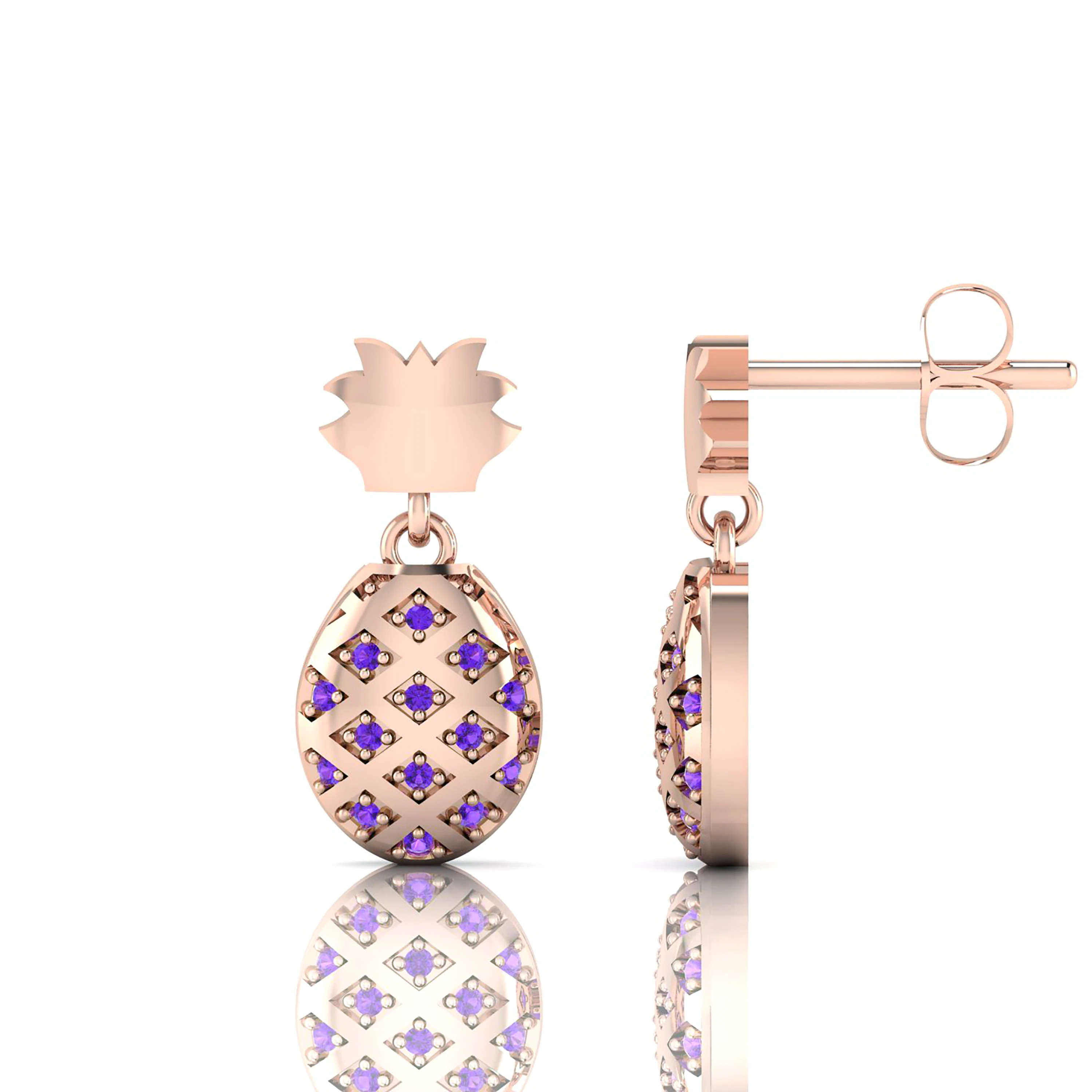 Rose Gold Plated Pineapple Style Drop Studded Amethyst Earrings
