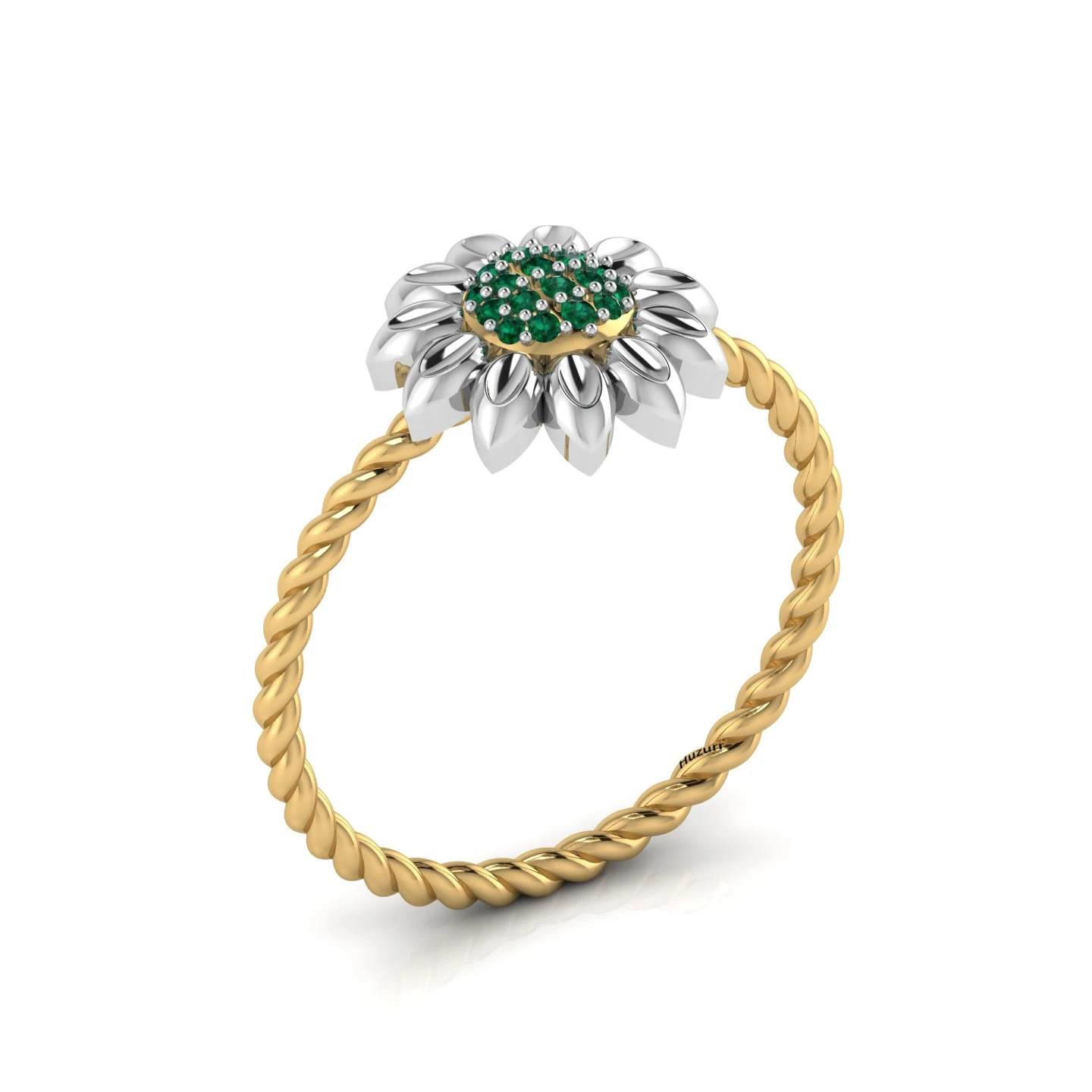 Emerald Sun Flower Gold Filled Two Tone Twist Band Ring
