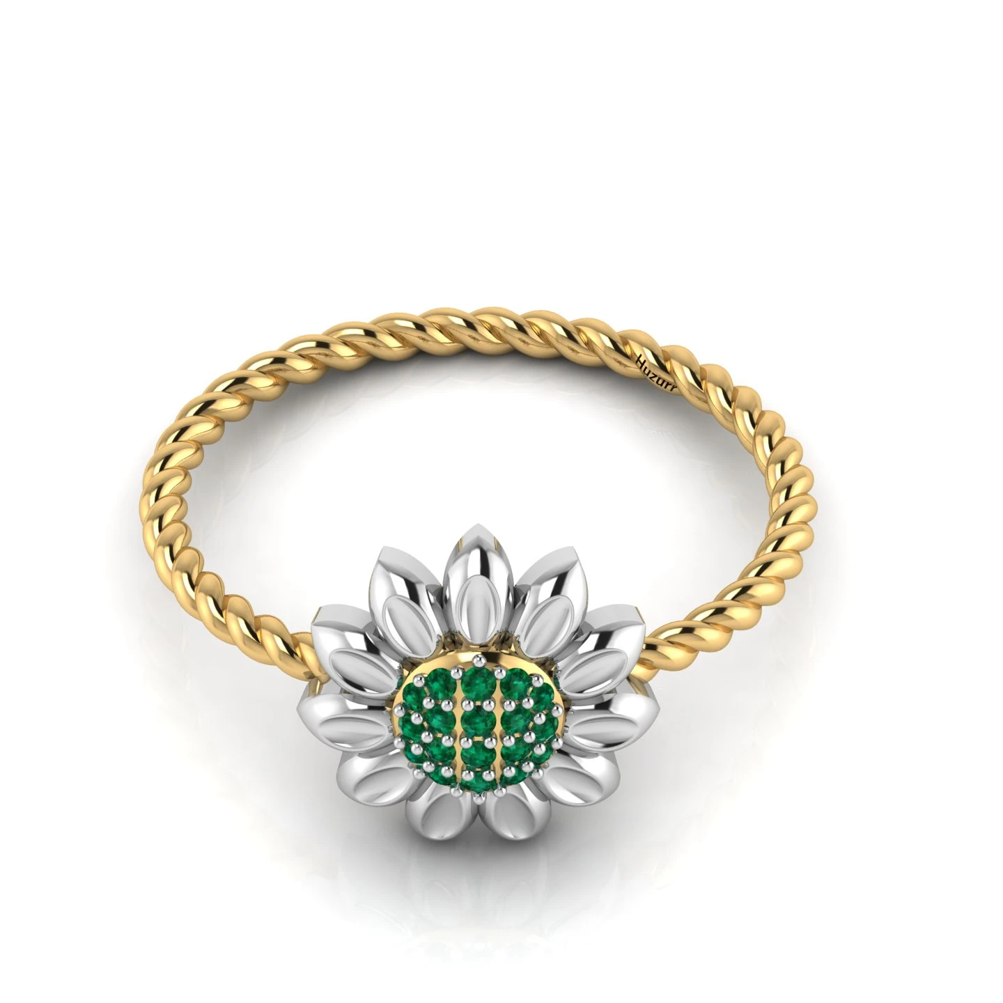 Emerald Sun Flower Gold Filled Two Tone Twist Band Ring