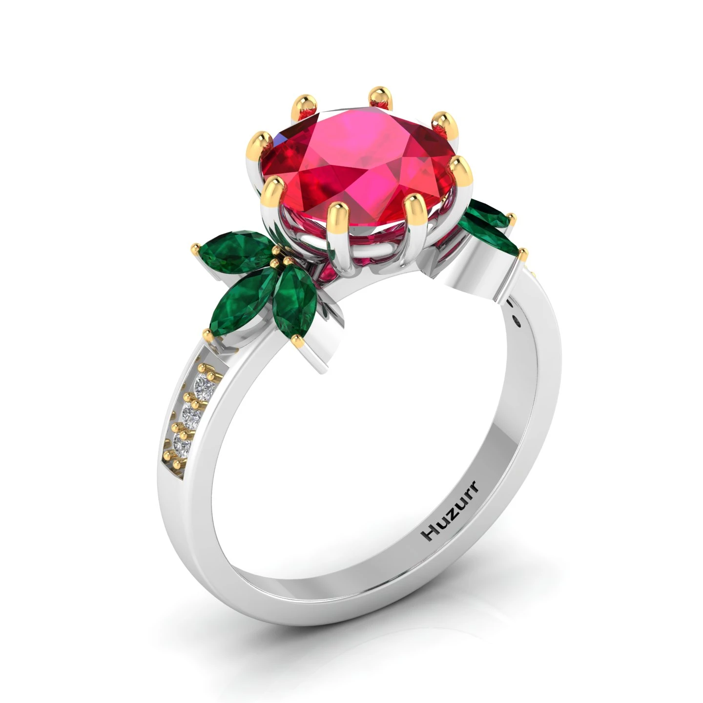 Ruby & Emerald Flower Two Tone Silver Solitaire Ring