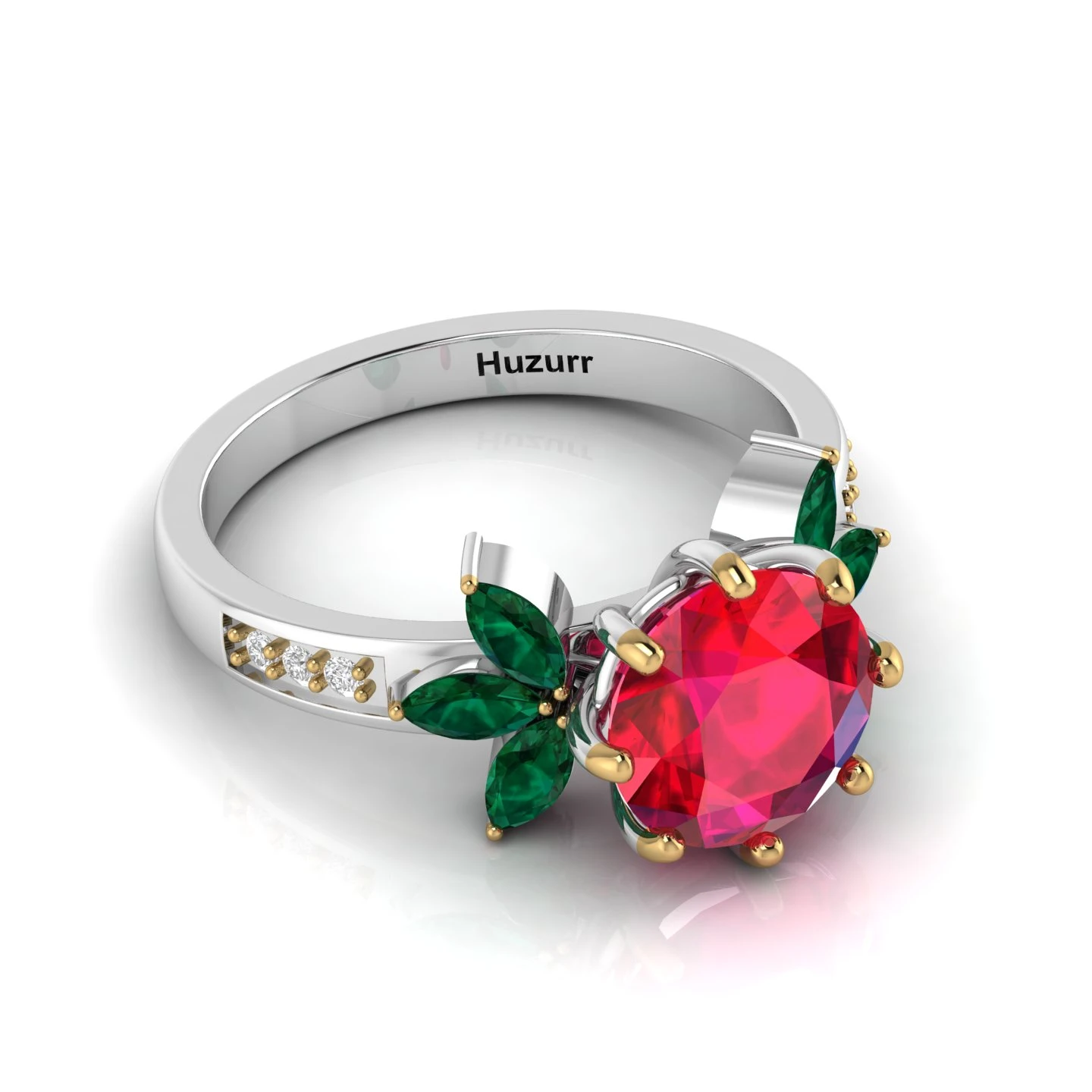 Ruby & Emerald Flower Two Tone Silver Solitaire Ring