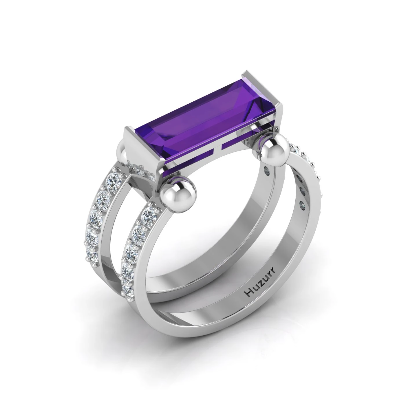 Baguette-Cut Silver Parallel Split Amethyst Solitaire Ring