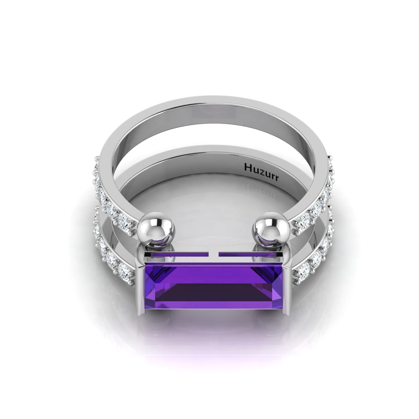 Baguette-Cut Silver Parallel Split Amethyst Solitaire Ring