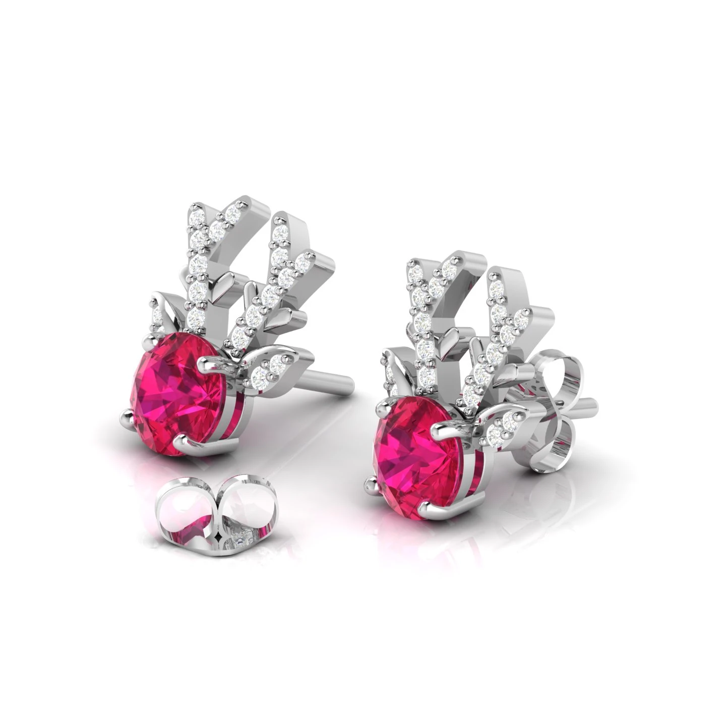 Round Ruby Deer Antlers Sterling Silver Stud Earrings