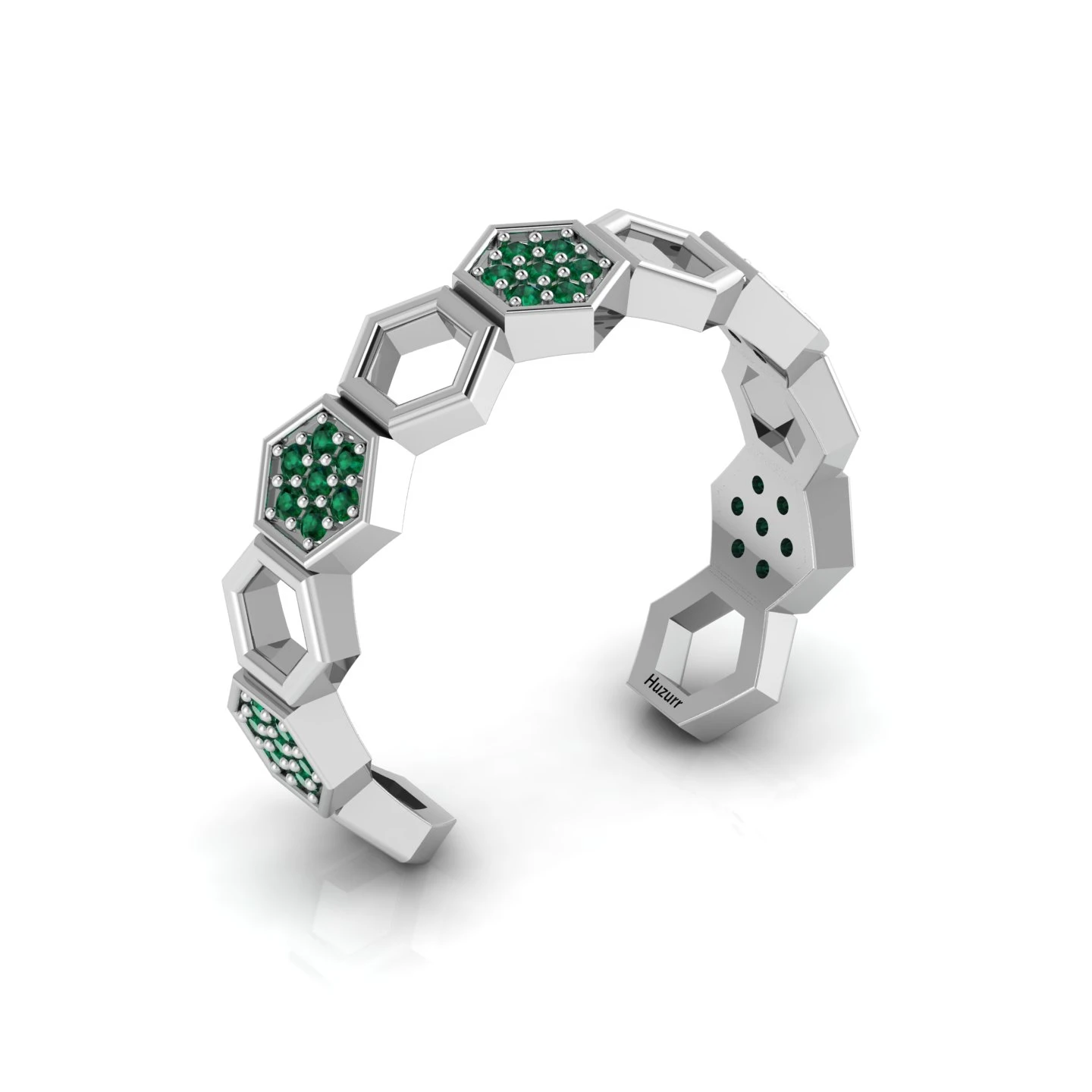 Emerald Open Band Honeycomb Sterling Silver Ring