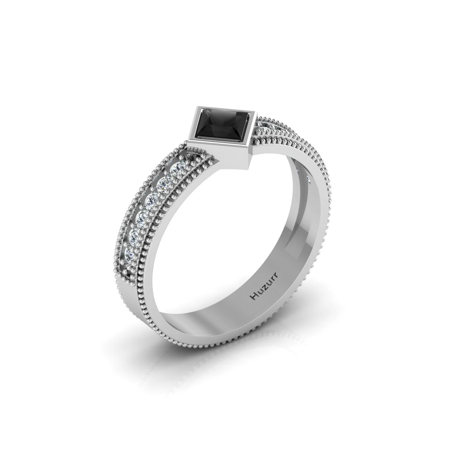 925 Silver Princess Cut Black Diamond Milgrain Solitaire Ring