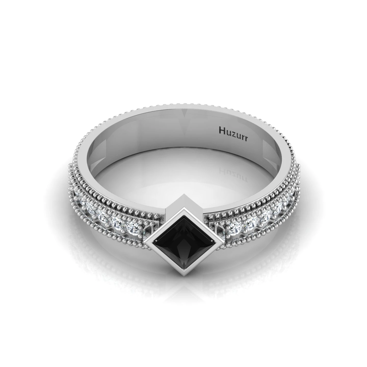 925 Silver Princess Cut Black Diamond Milgrain Solitaire Ring