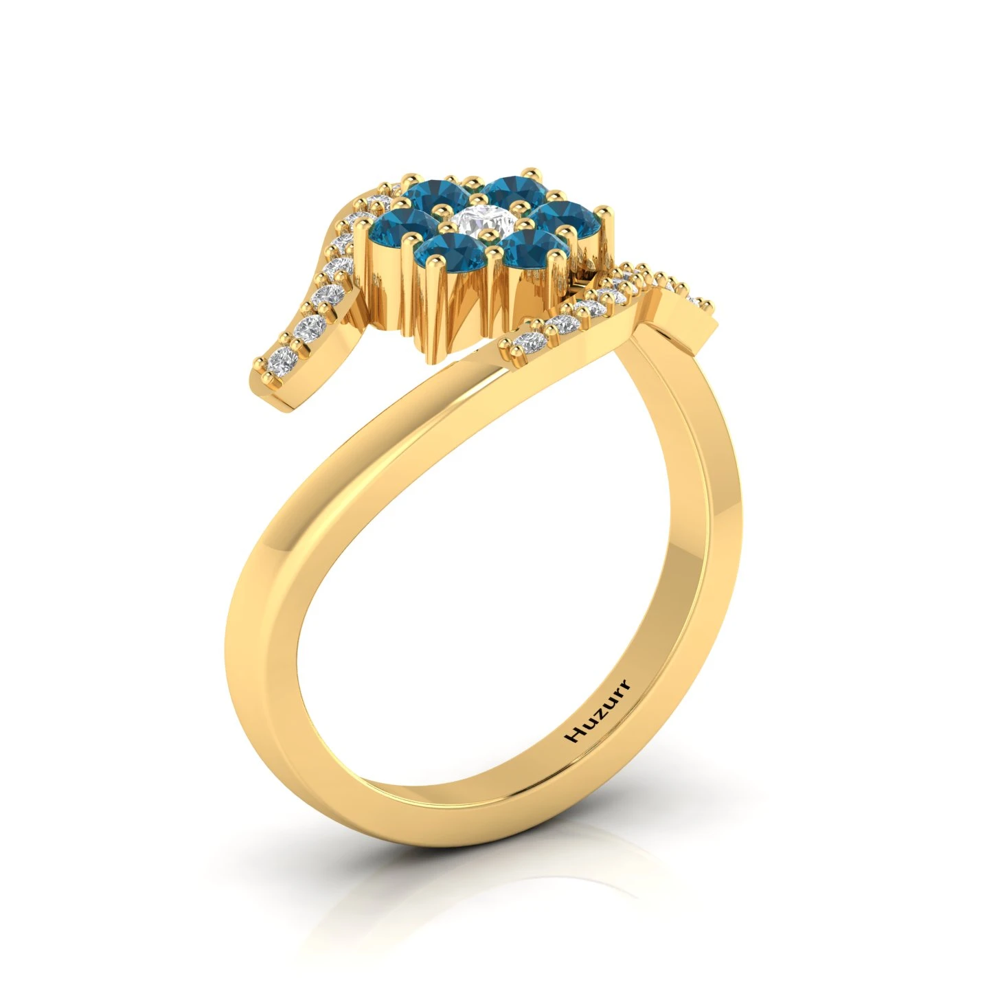 Round London Blue Topaz Gold Filled Solitaire Flower Ring
