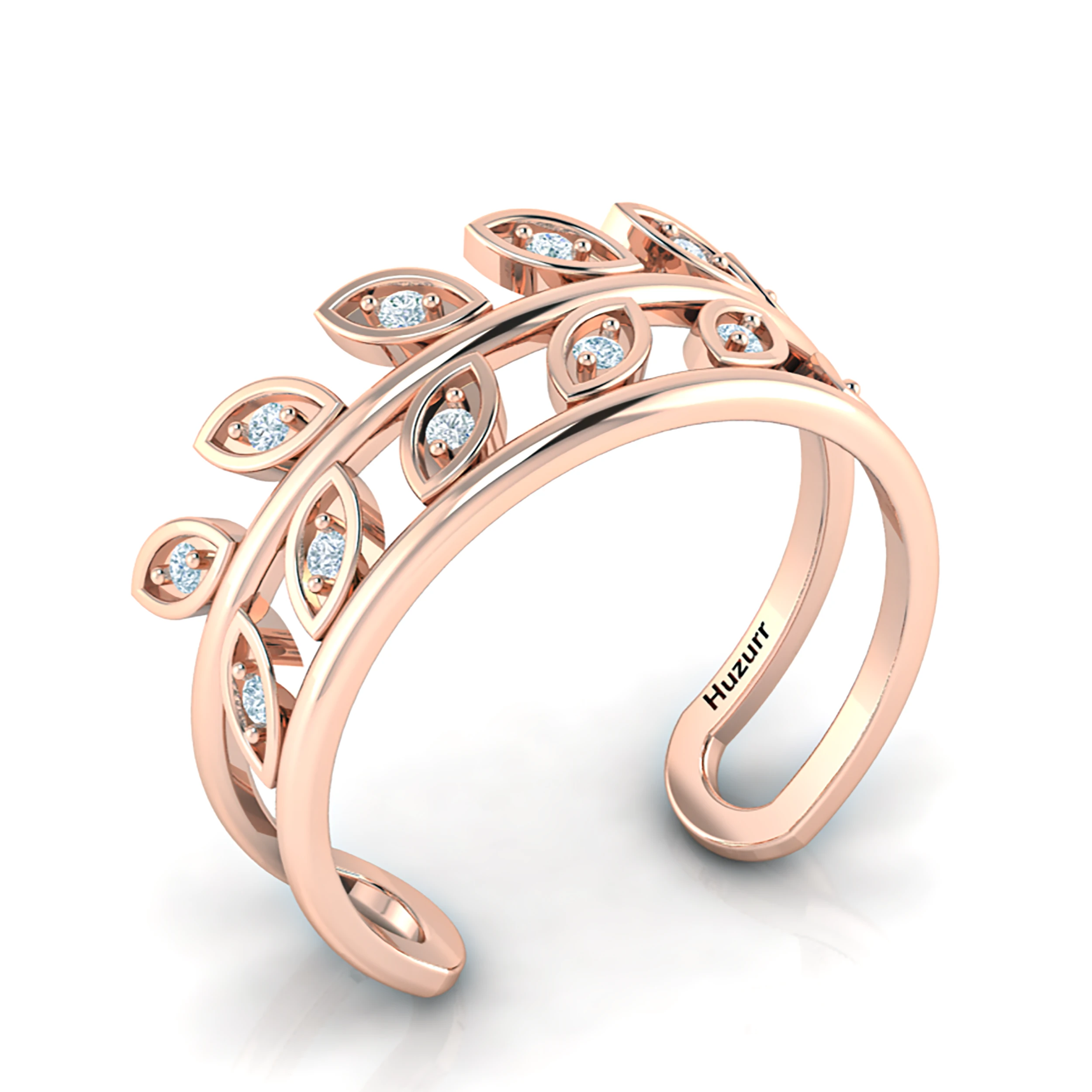 Round Diamond Leaf-Style Adjustable Rose Gold Plated Ring