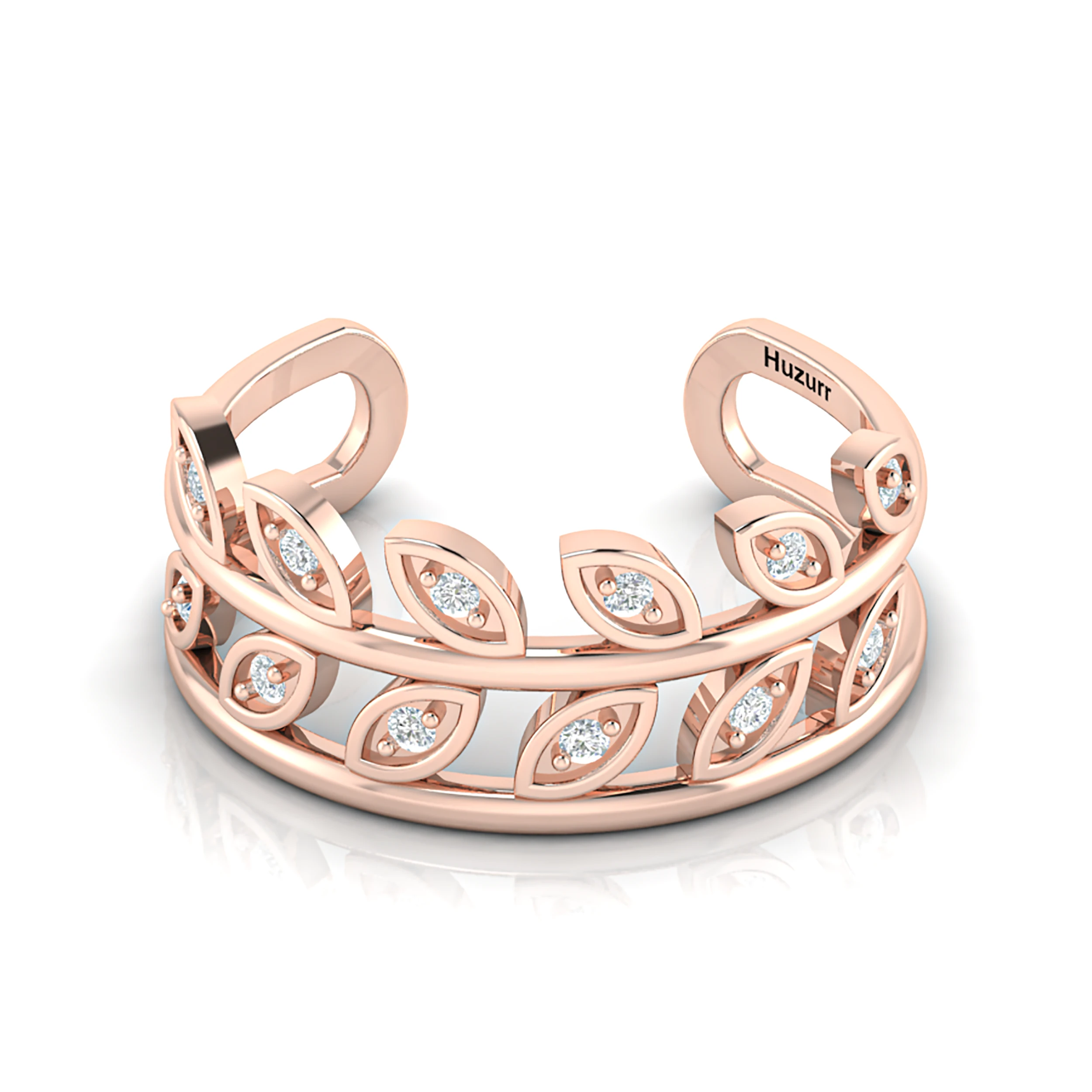 Round Diamond Leaf-Style Adjustable Rose Gold Plated Ring